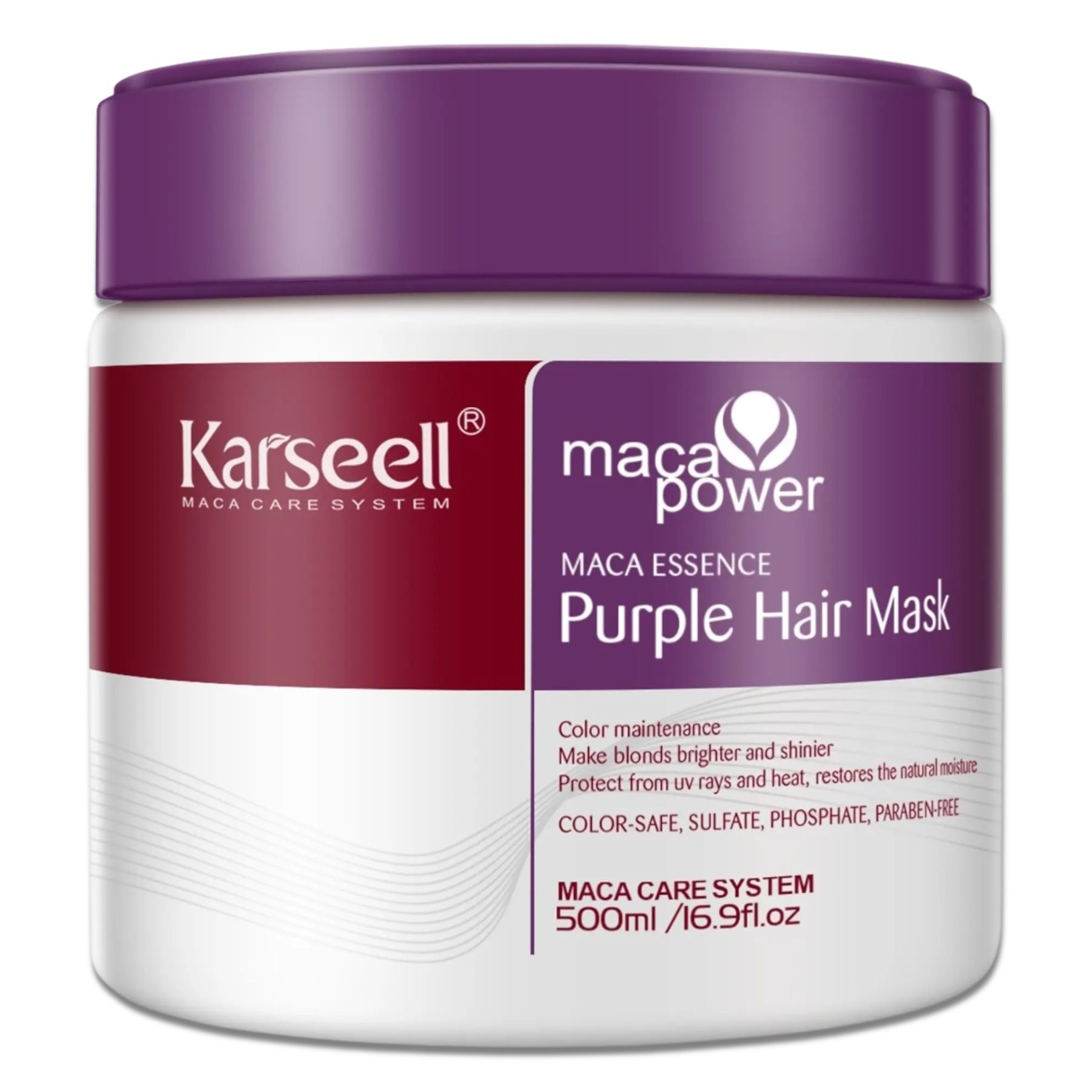 Karseell Haarmaske Purple. Produktverpackung, Nahaufnahme. Text: Maca Essence Purple Hair Mask.