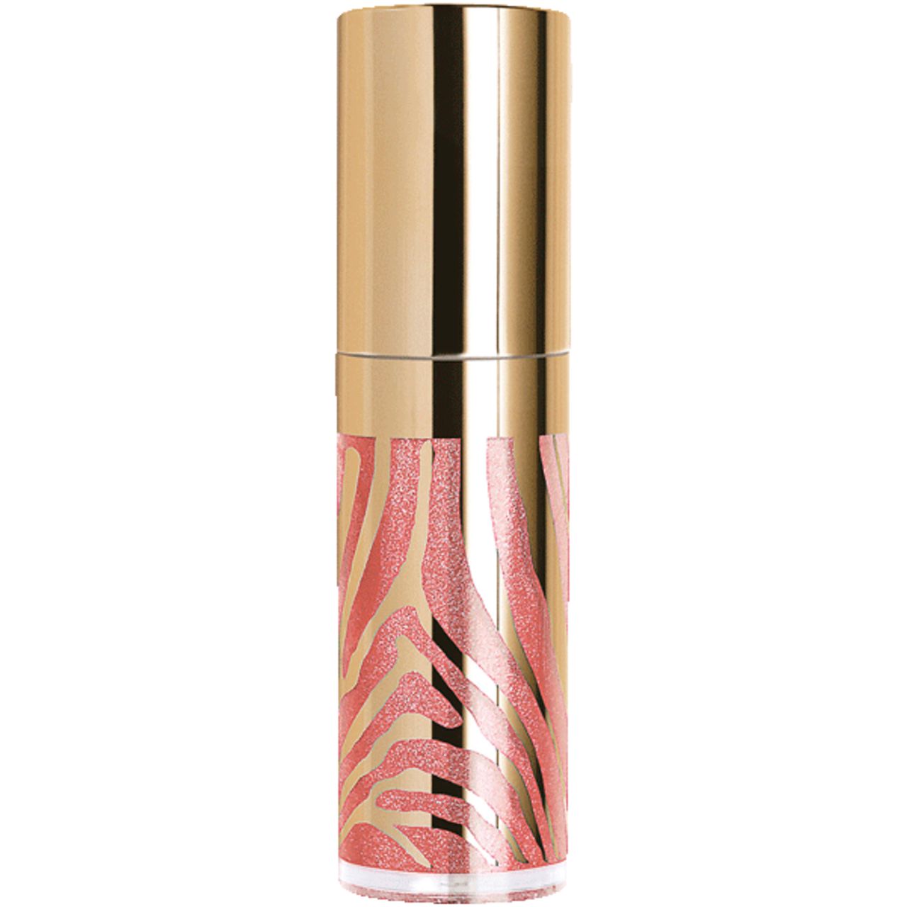 Lipgloss-Tube mit goldfarbenem Deckel und Zebra-Muster. Der Behälter ist mit rosa Glitzer gefüllt.