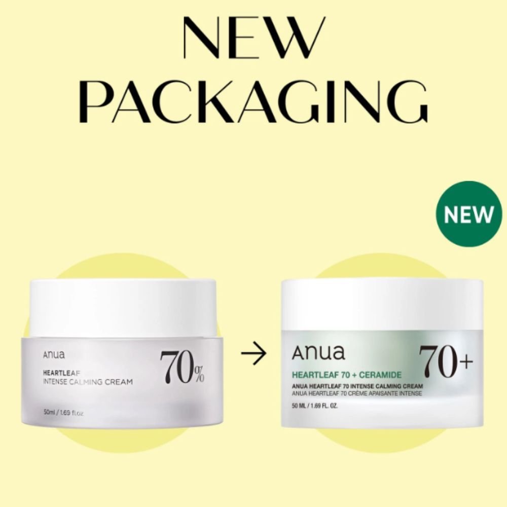 Vergleich zweier Anua Heartleaf 70% Intense Calming Cream Verpackungen, alt und neu.