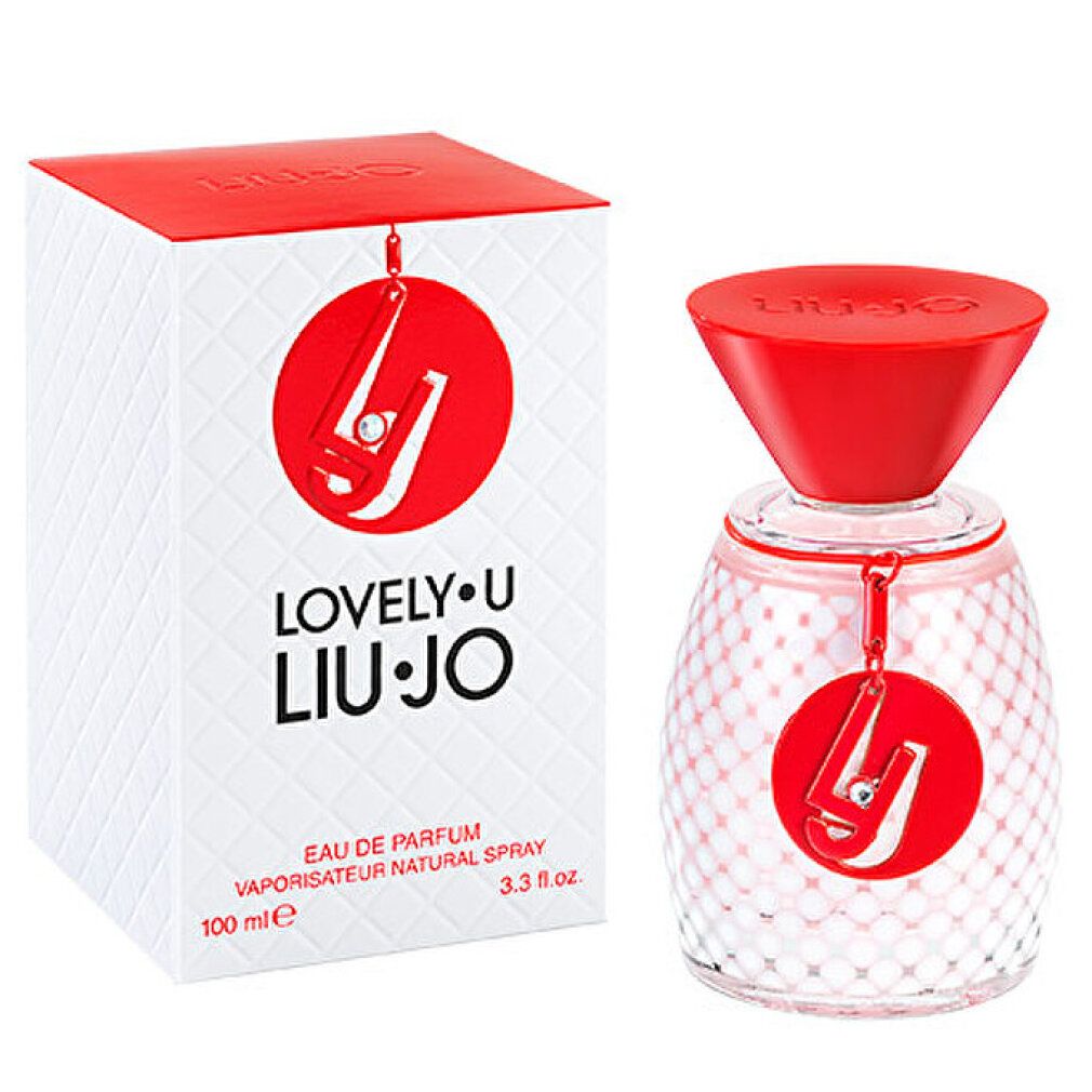 Flakon und Verpackung von Lovely U Liu Jo. Roter Deckel, weißer Flakon mit rotem Logo. Verpackung mit Logo und Text.