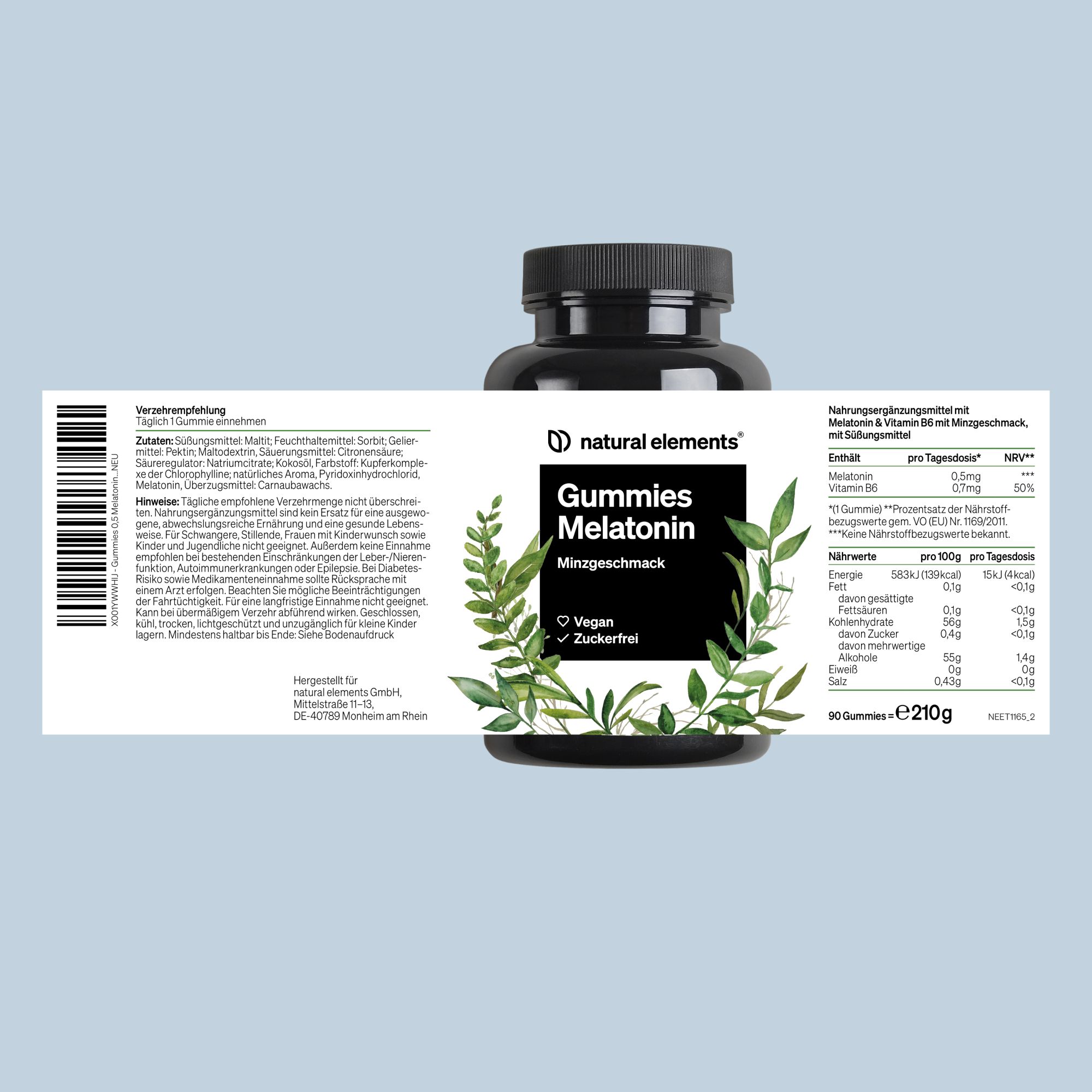 Produktetikett einer Flasche Gummies Melatonin Minze. Enthält Informationen und Nährwerte.