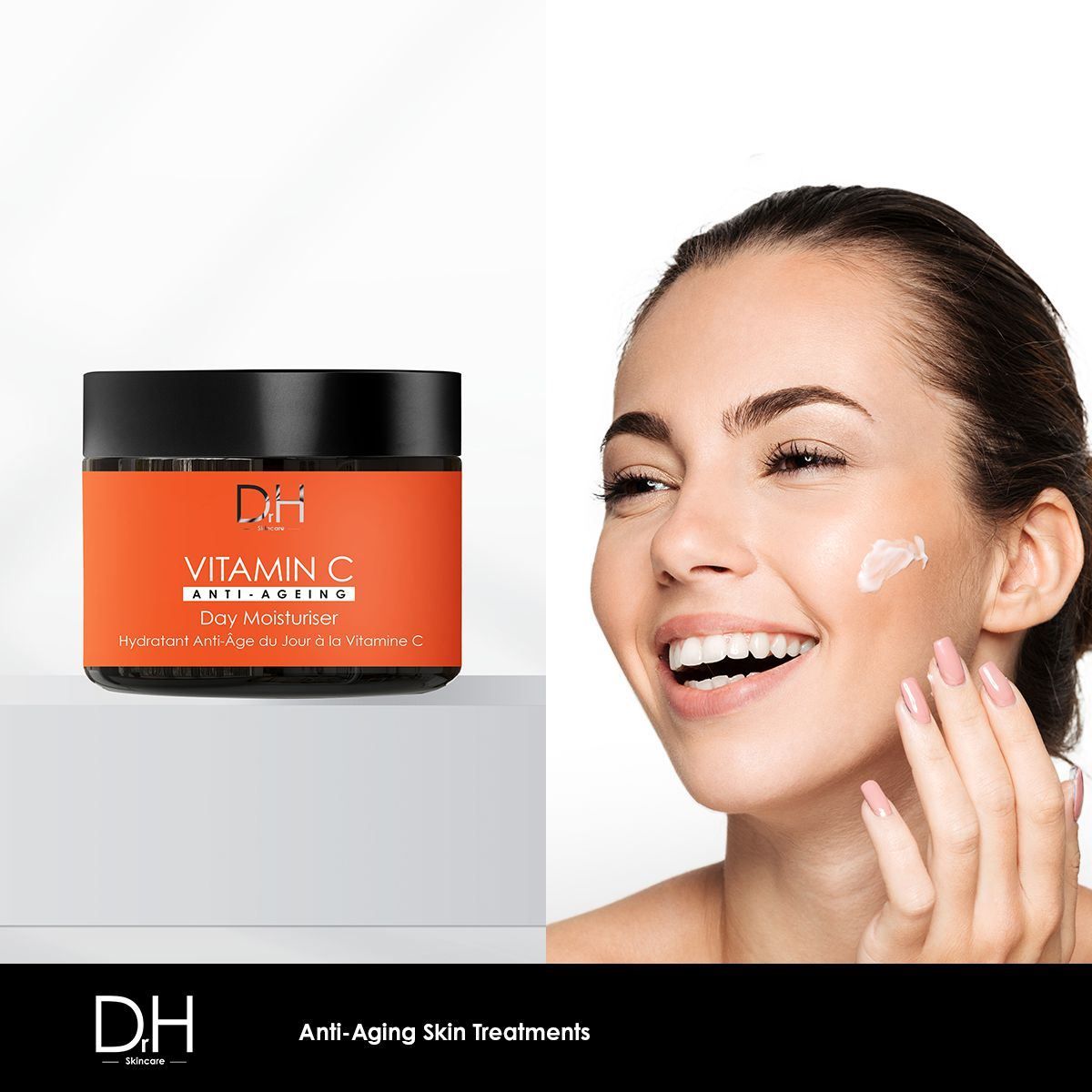 Dr H Vitamin C Anti-Aging Tagescreme neben einer lächelnden Frau, die die Creme auf ihre Wange aufträgt.