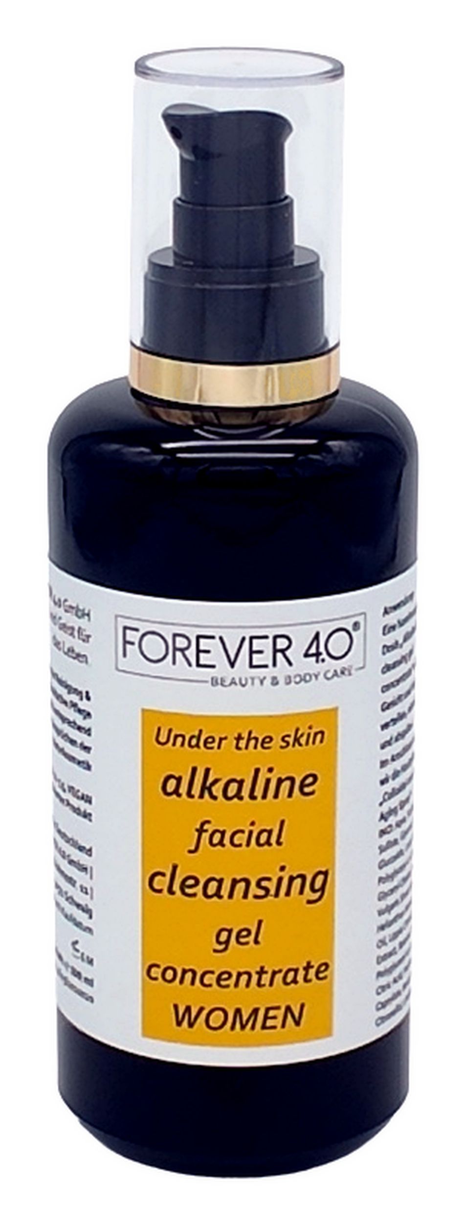 Dunkelblaue Flasche mit schwarzem Pumpkopf. Aufschrift: FOREVER 4.0, alkaline facial cleansing gel concentrate WOMEN.