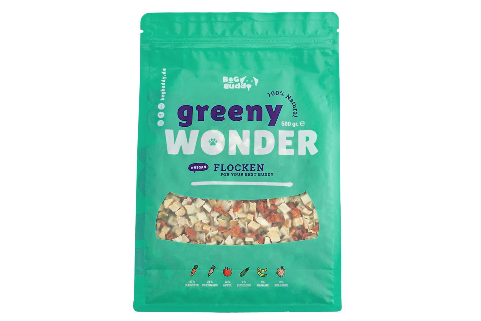 Grüner Beutel Greeny Wonder Flocken. Sichtbares Produkt durch transparentes Fenster.