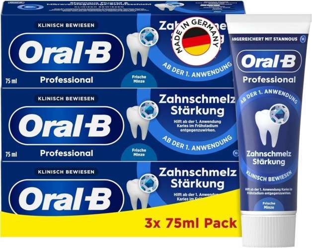 Zahnpasta-Multipackung und Tube. Enthält Oral-B Professional Zahnschmelz Stärkung. Klinisch bewiesen. Made in Germany.
