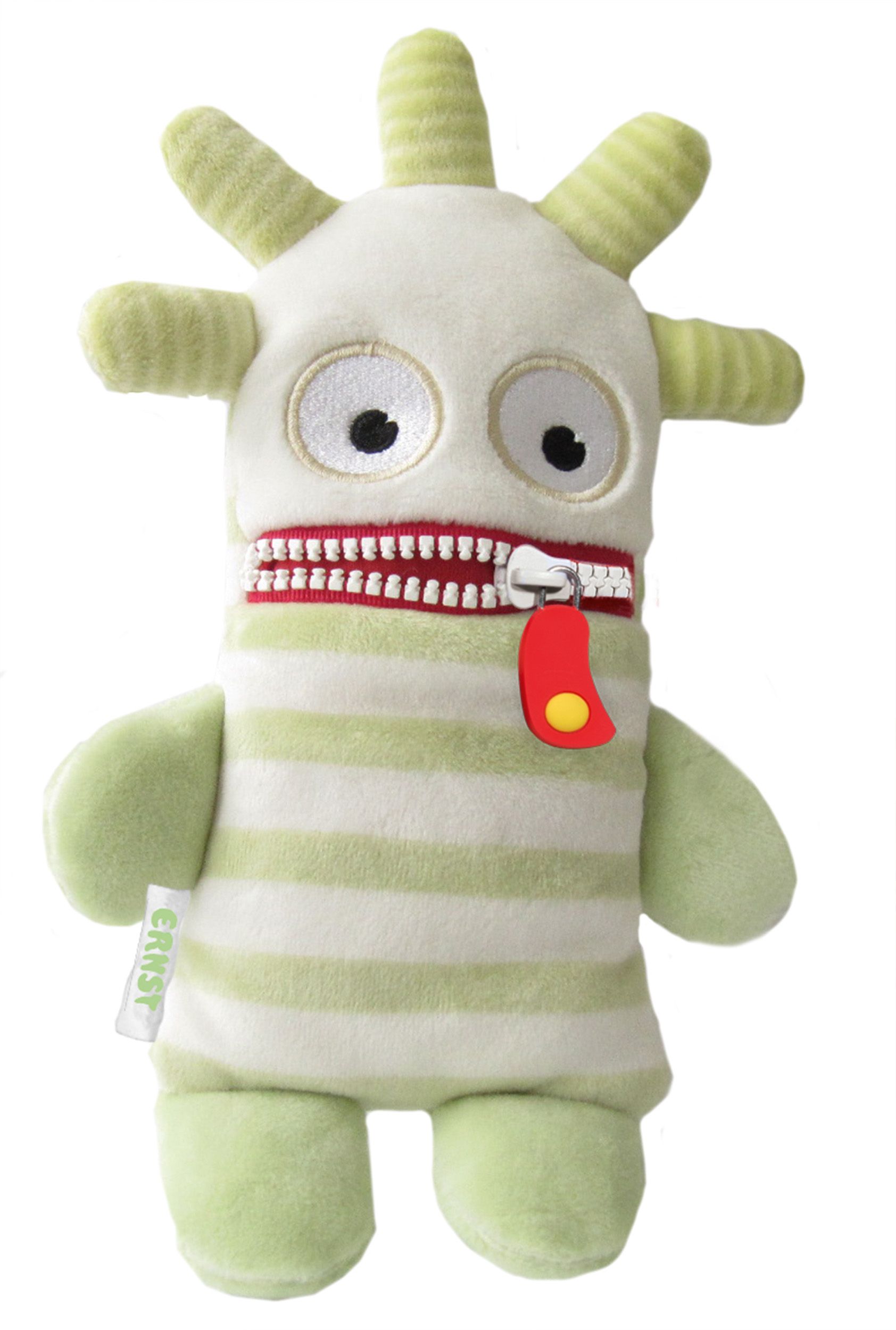 Plüschfigur, Monster-Design, grün-weiß gestreift, Reißverschlussmund, roter Anhänger. Marke: Ernst.