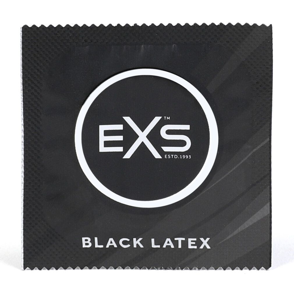 Einzelverpackung eines schwarzen EXS Black Latex Kondoms mit Logo und Siegeln.