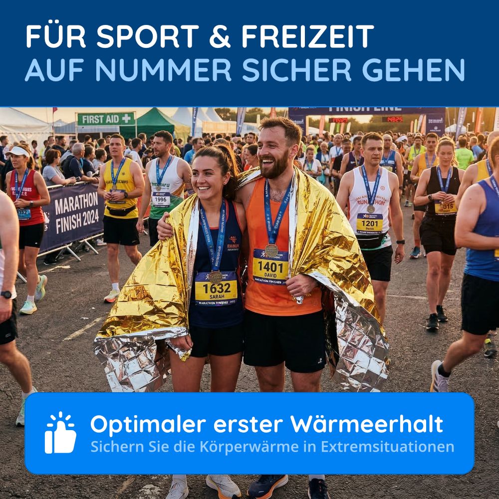 Läuferpaar mit goldenen Rettungsdecken nach Marathon-Ziellinie. Text: Für Sport & Freizeit.