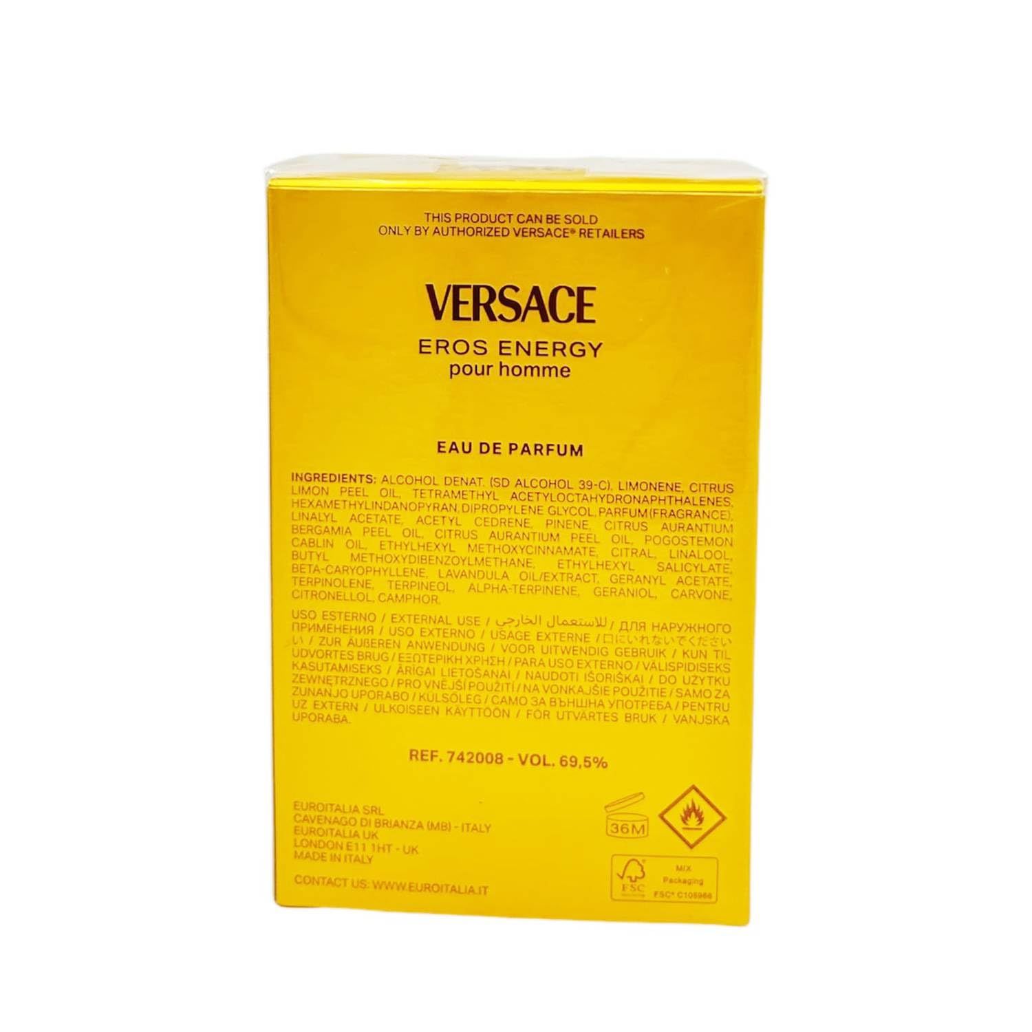 Rückseite der Verpackung von Versace Eros Energy. Gelber Hintergrund, Text mit Inhaltsstoffen und Informationen.