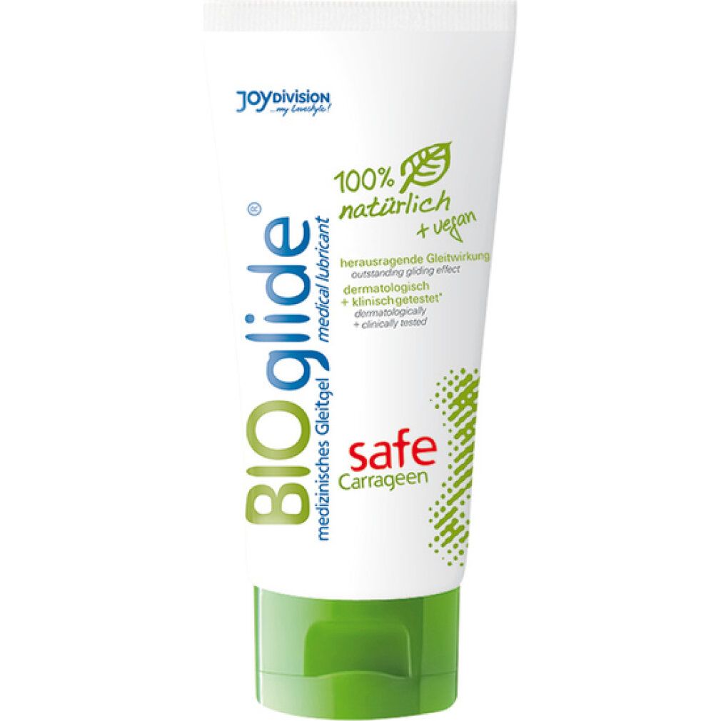Weiße Tube mit grüner Kappe. Aufschrift BIOglide, safe, 100% natürlich + vegan. Logo. Text in Deutsch.