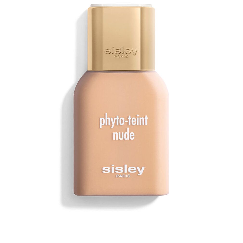 Beige Flasche mit goldfarbenem Deckel. Aufschrift: phyto-teint nude, Sisley Paris.
