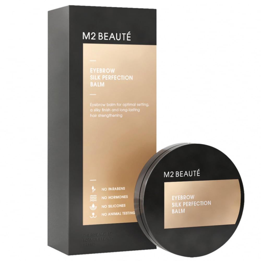 Schwarze Verpackung und Tiegel von M2Beauté Eyebrow Silk Perfection Balm. Aufschrift: „NO PARABENS, NO HORMONES, NO SILICONES, NO ANIMAL TESTING“.