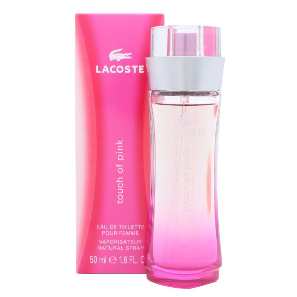 Lacoste Touch of Pink Eau de Toilette Flakon und Verpackung. Rosa Farbverlauf auf Flasche und Karton.