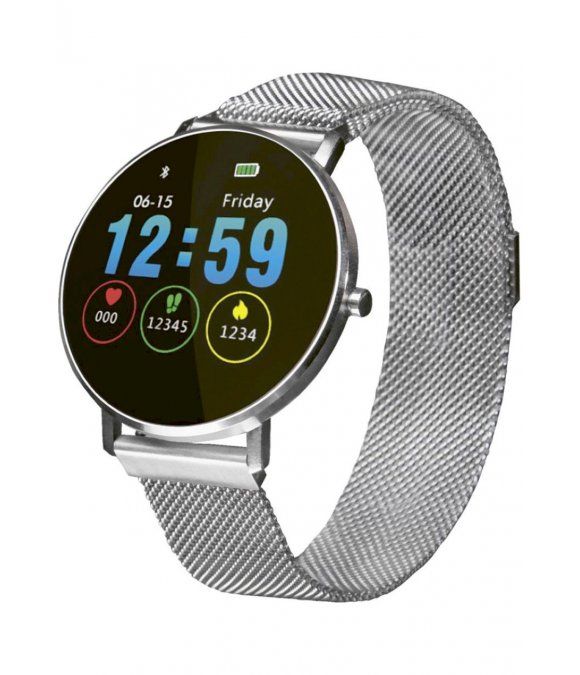 Aktivitätstracker mit rundem Zifferblatt und silbernem Metallarmband. Das Display zeigt Uhrzeit, Datum und Aktivitätsdaten an.