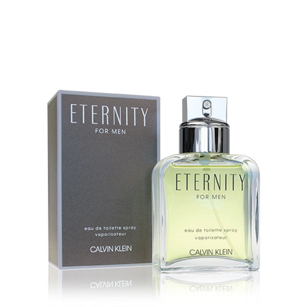 Eau de Toilette Spray mit Verpackung. Aufschrift: Eternity for Men, Calvin Klein. Flakon und Schachtel.