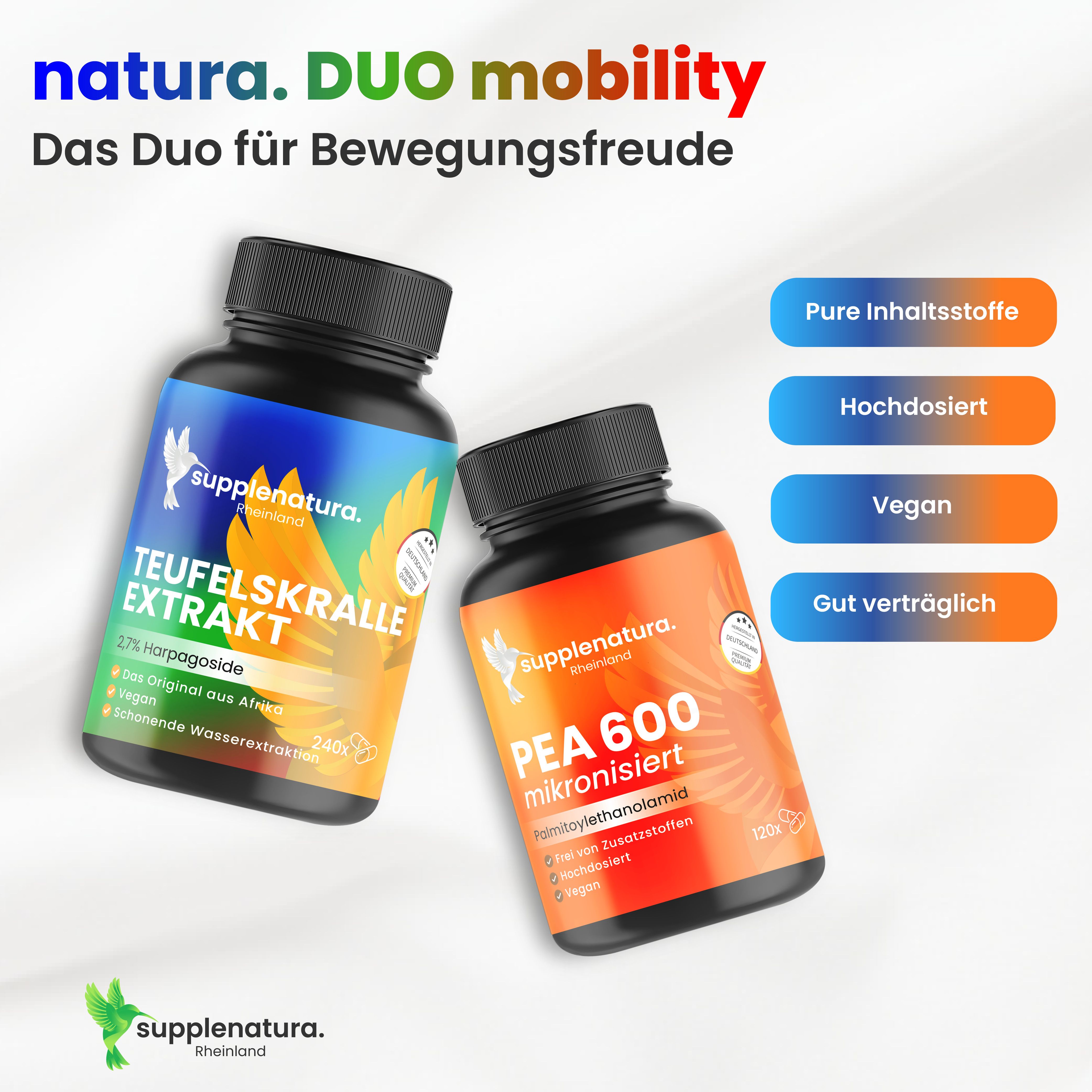 Zwei Flaschen: Teufelskralle Extrakt und PEA 600. Text: natura. DUO mobility. Logo von supplenatura Rheinland. Produktnamen und Inhaltsstoffe.