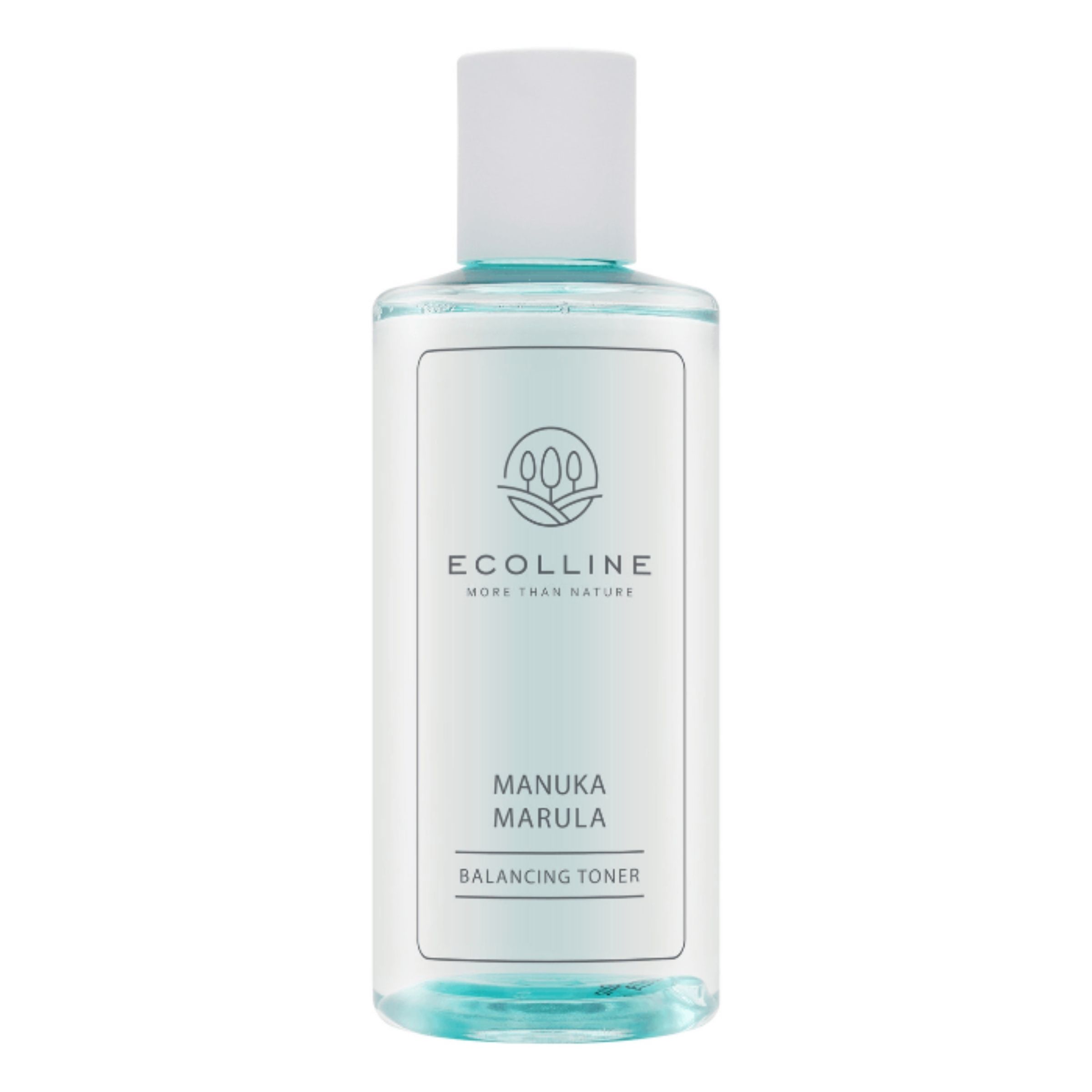 Transparente Flasche mit weißem Deckel. Auf dem Etikett steht "Ecolline", "Manuka Marula Balancing Toner".