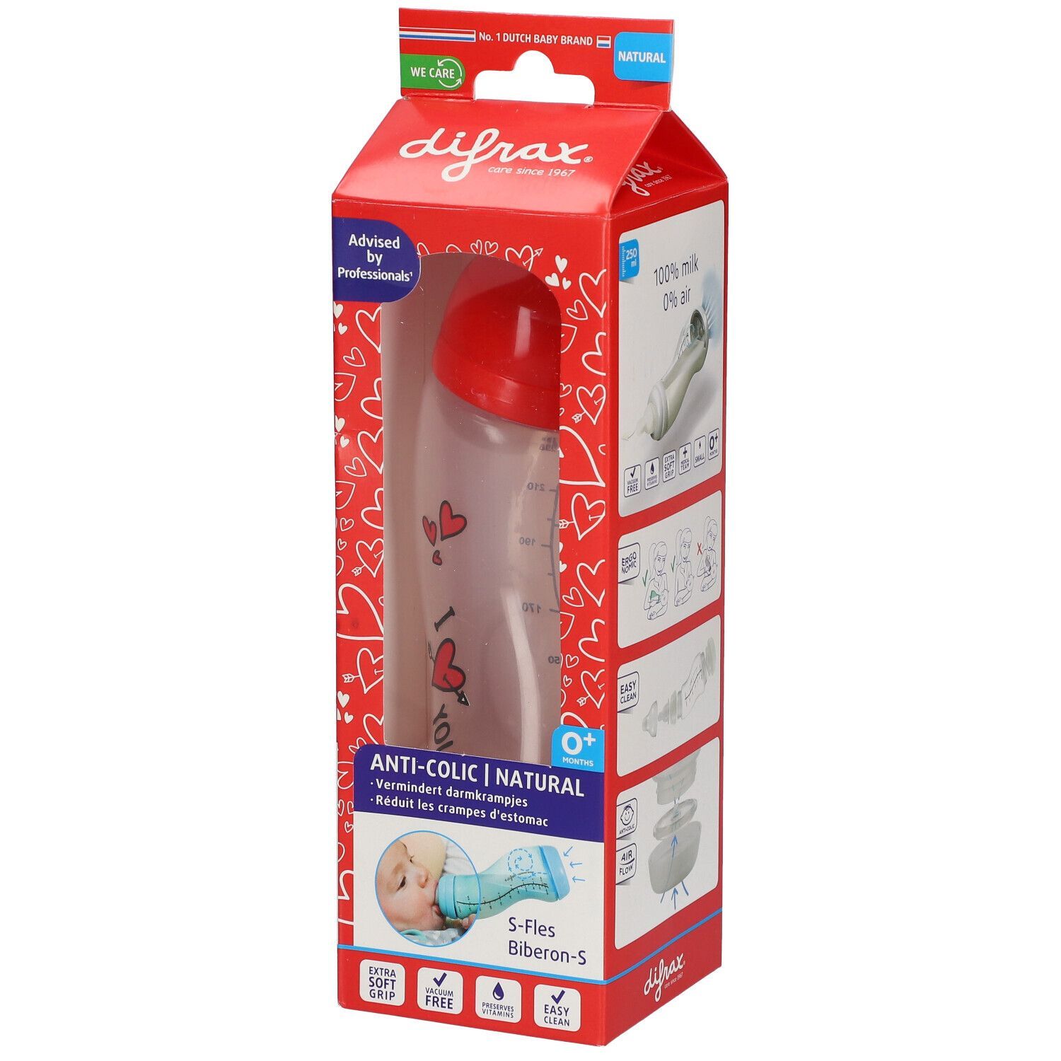 difrax® Anti-colique Biberon S Natural - I Love 250 ml (Couleur non sélectionnable)