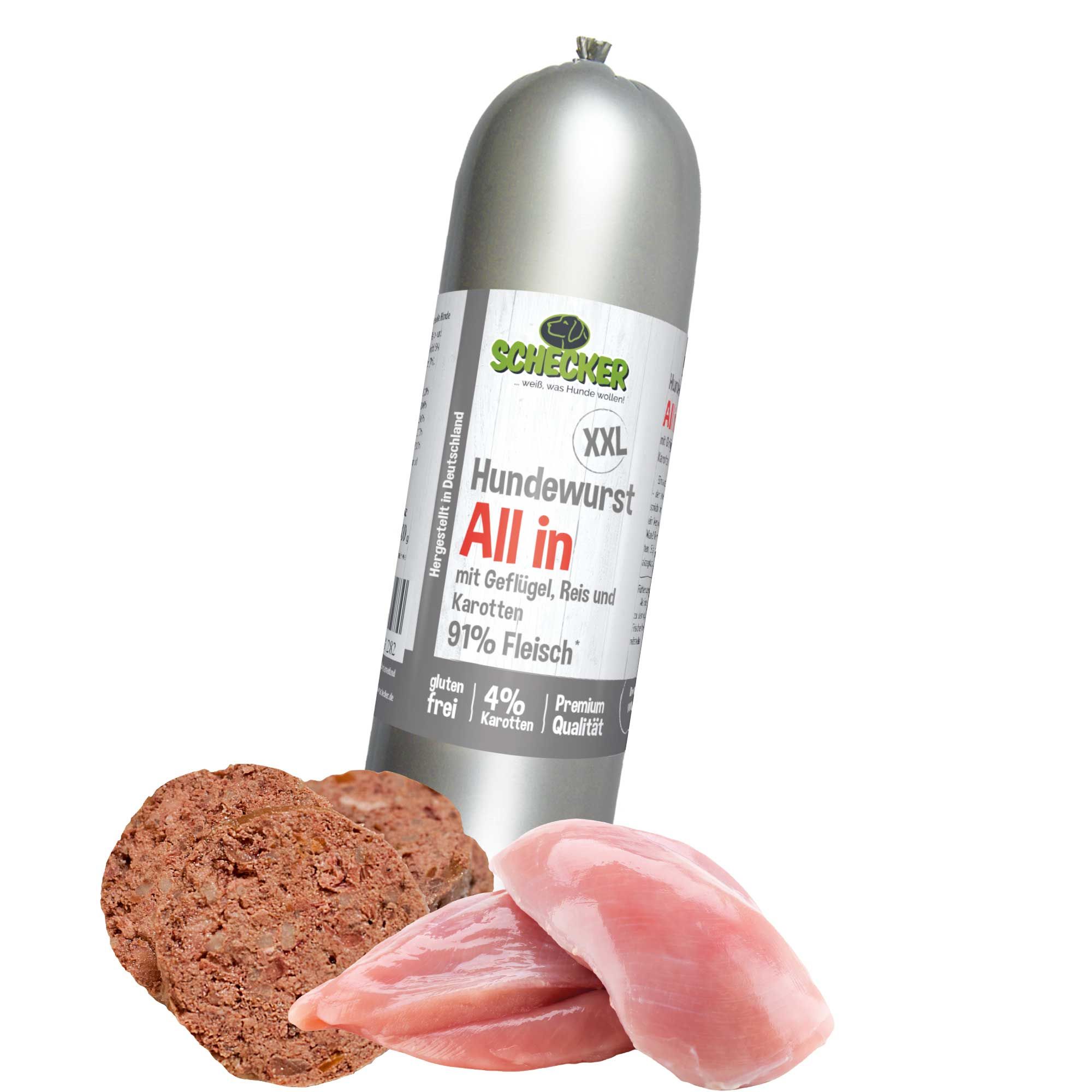 Wurst in silberner Verpackung, Etikett mit Produktinformationen. "Schecker Hundewurst All in". Fleischstücke daneben.