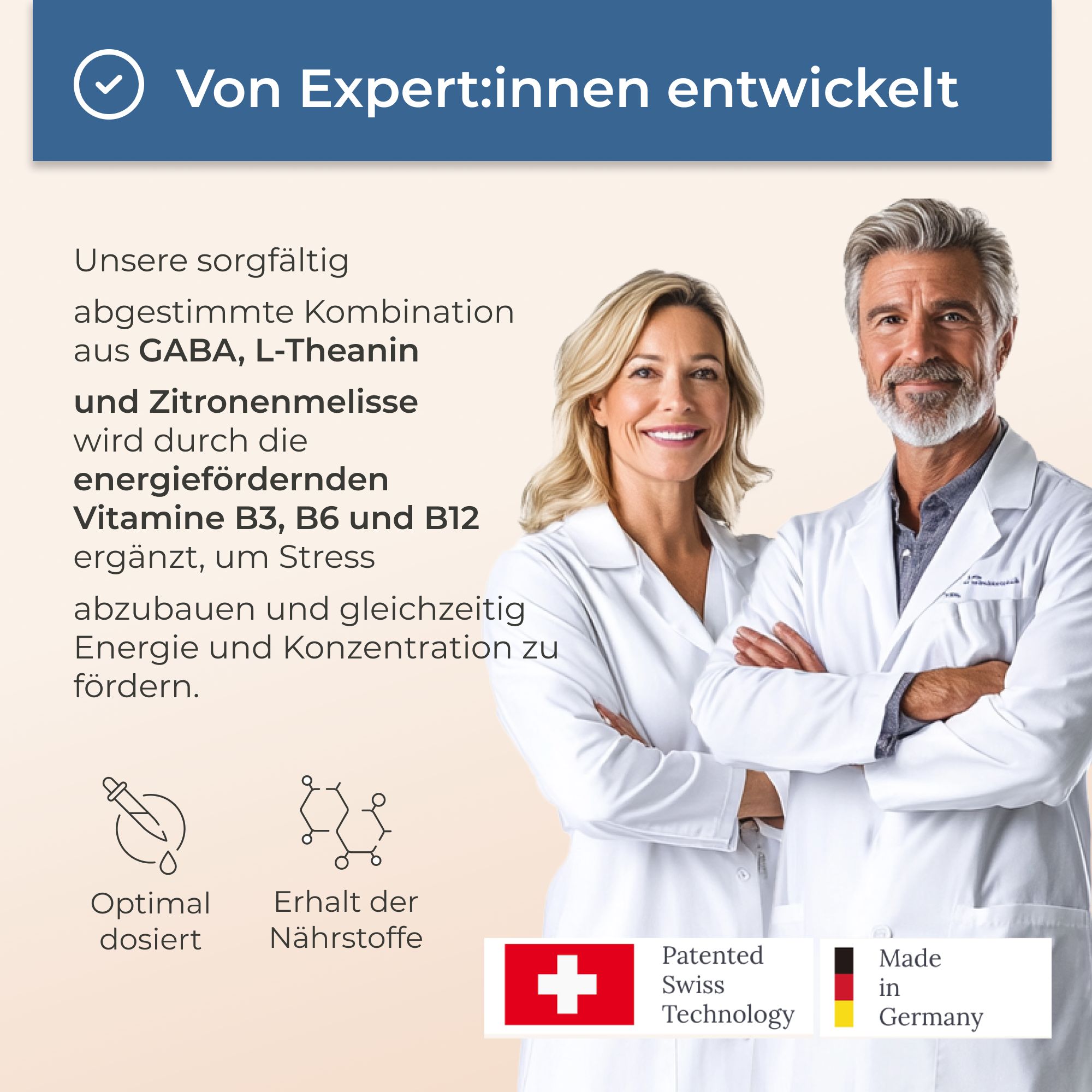 Zwei Personen in weißen Mänteln. Text: 'Von Expert:innen entwickelt'. Logos: Schweizer Kreuz, Patent, Made in Germany.