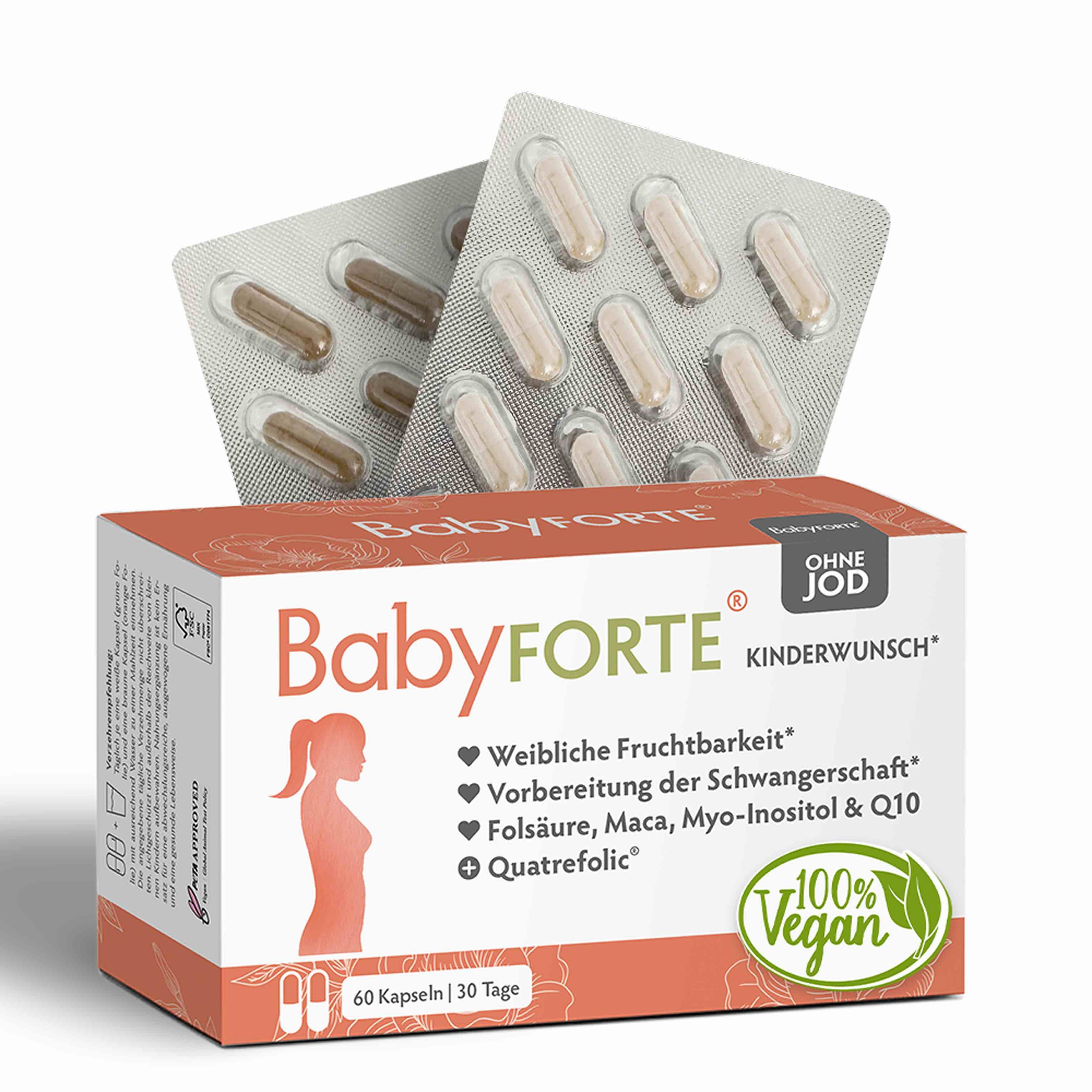 BabyFORTE® Kinderwunsch-Packung, 60 Kapseln. Text: Weibliche Fruchtbarkeit, Vorbereitung der Schwangerschaft, Folsäure, Maca, Myo-Inositol & Q10, Quatrefolic®, 100% vegan.