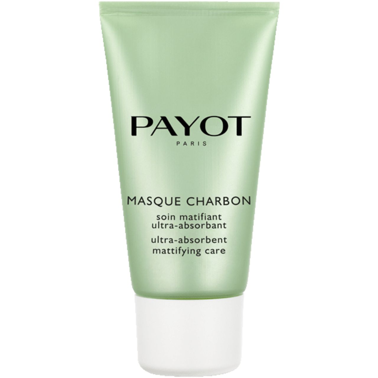 Grüne Tube mit weißem Deckel. Schriftzug PAYOT PARIS und MASQUE CHARBON. Ultra-absorbierend, mattierend.