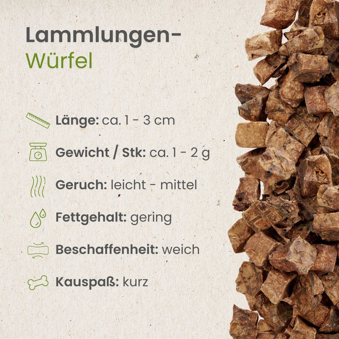 Hundefutter: Lamm Lungenwürfel, ca. 1-3 cm groß. Geringer Fettgehalt.