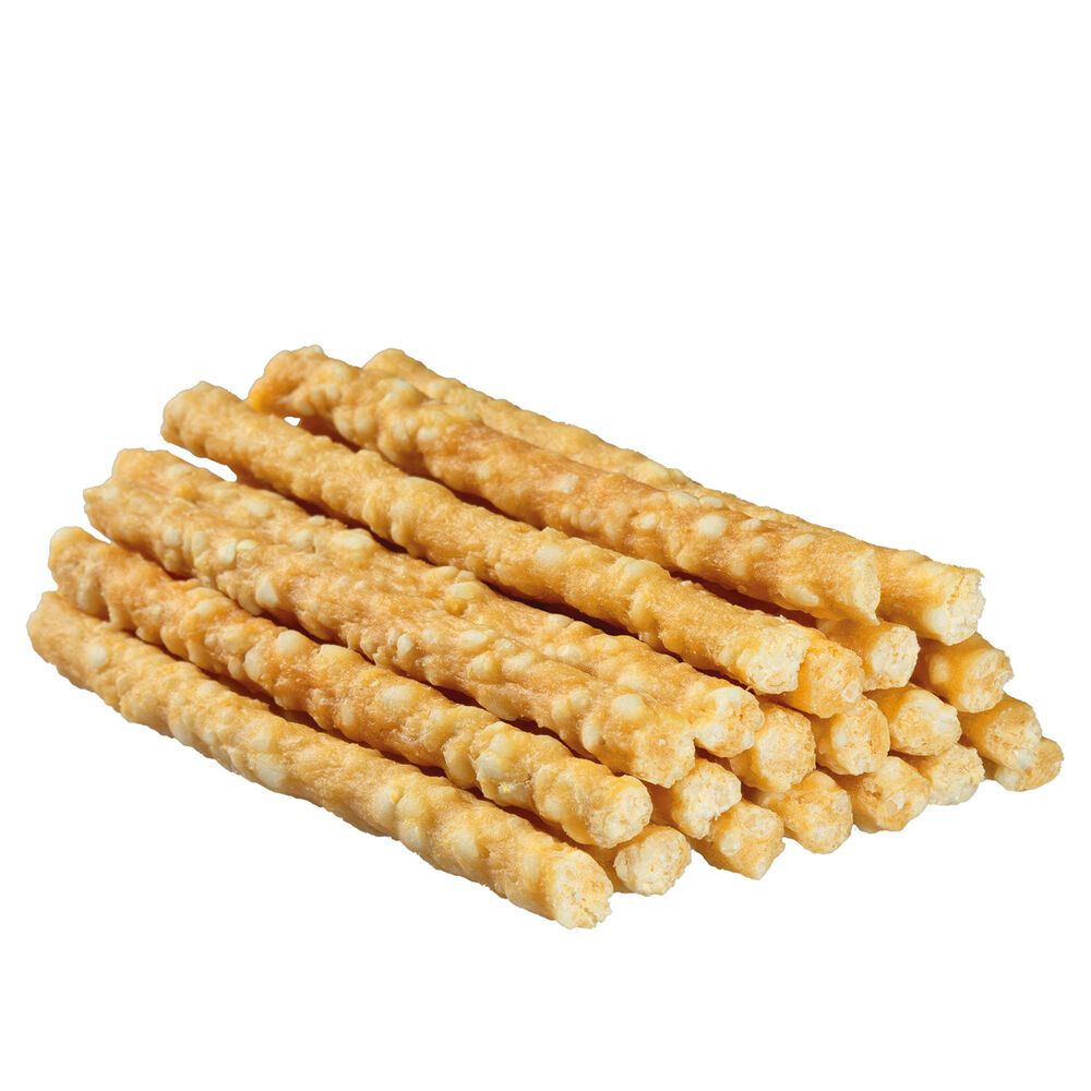 Ein Haufen länglicher, beige Hundesnacks. Die Snacks haben eine unregelmäßige Oberfläche und sind übereinander gestapelt.