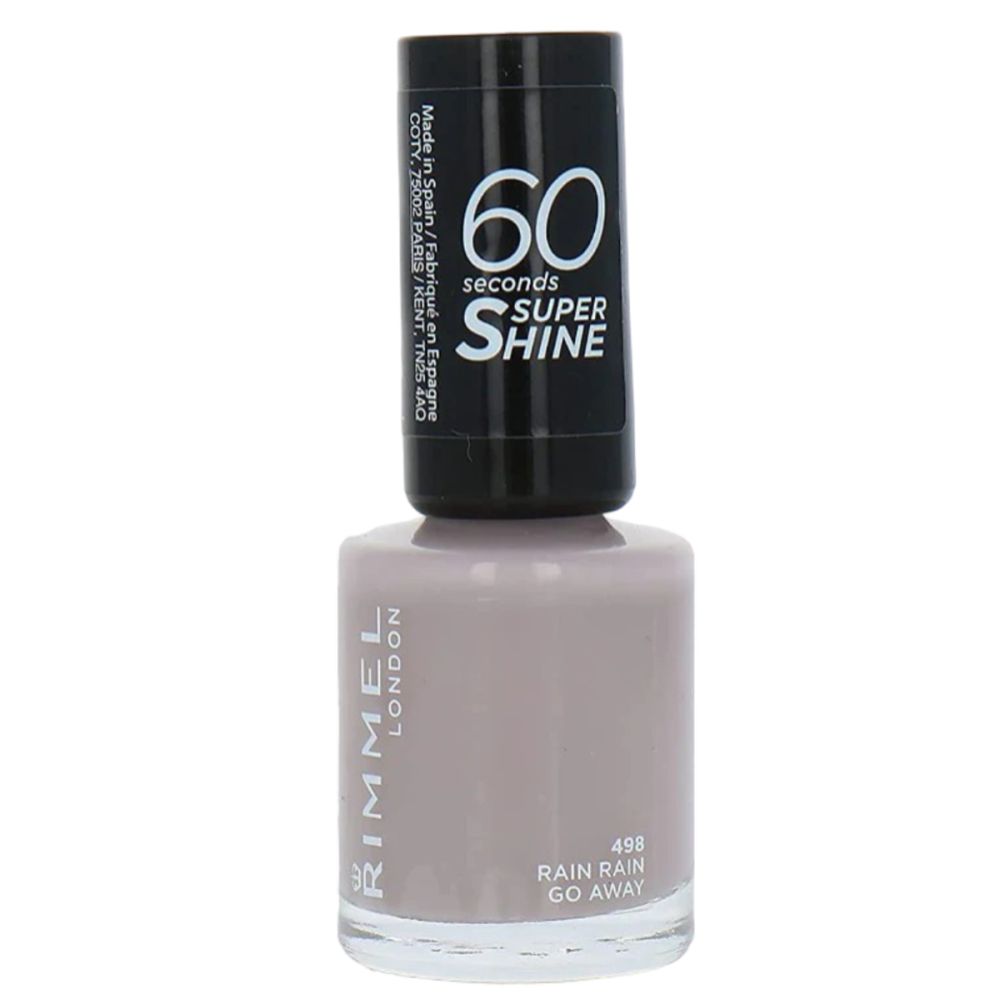 Nagellackflasche, hellgrau. Schwarzer Deckel mit "60 Sekunden Super Shine"-Schriftzug. Marke: Rimmel London. Farbton: 498 Rain Rain Go Away.
