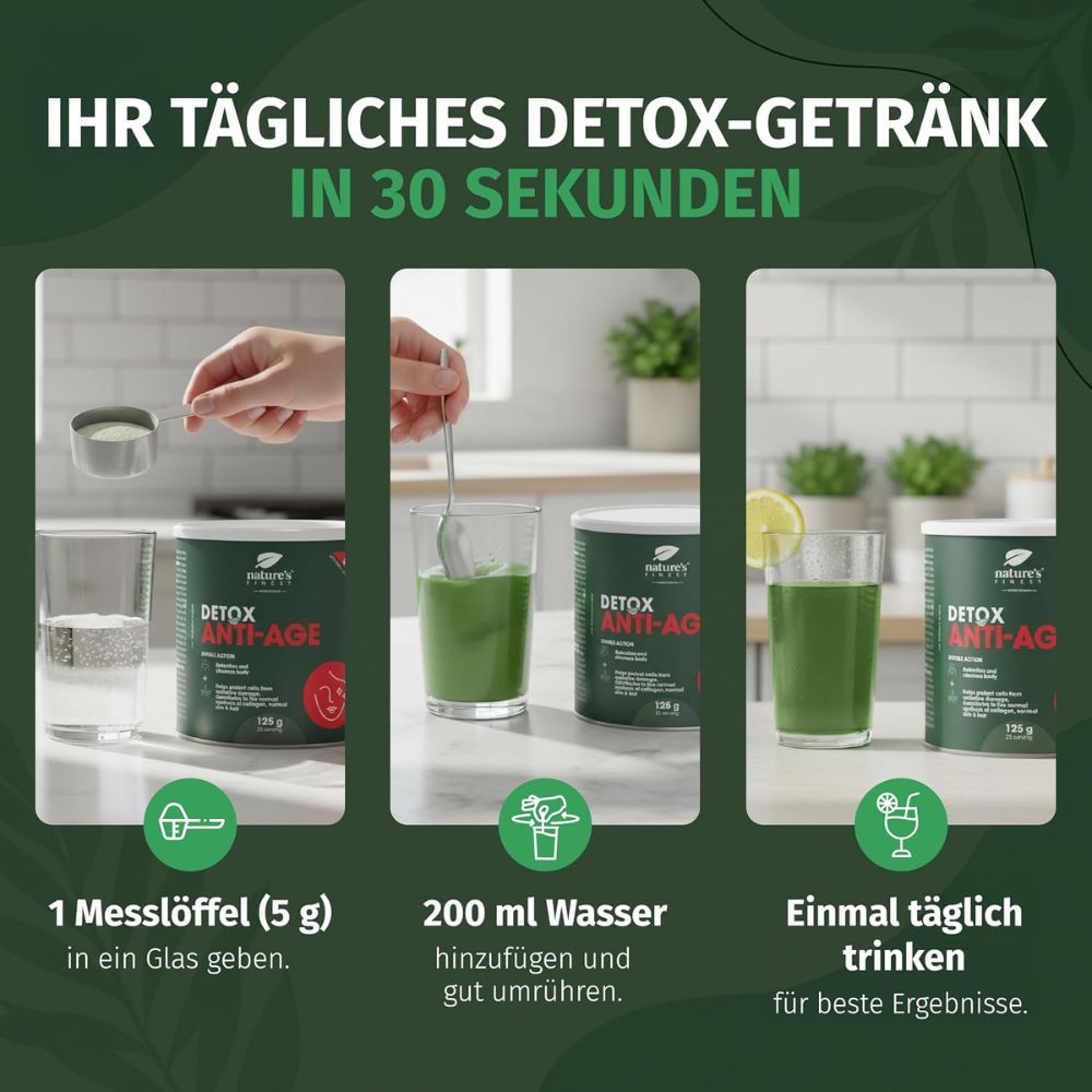 Schritte zur Zubereitung von Nature's Finest Detox Anti-Age: Pulver in Glas, Wasser hinzufügen, umrühren.