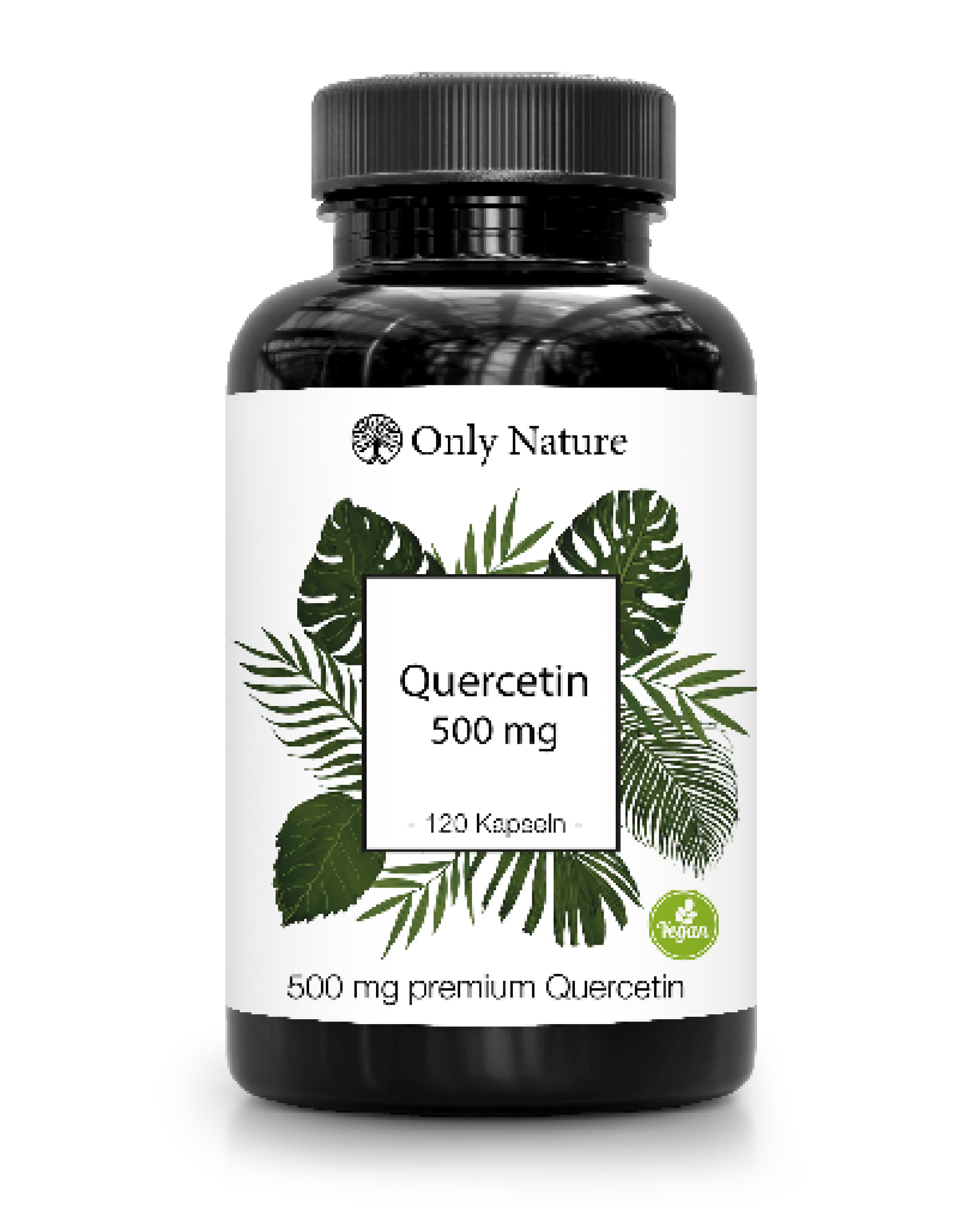 Flasche mit Kapseln. Text: Only Nature. Quercetin 500 mg. 120 Kapseln. 500 mg premium Quercetin. Vegan.