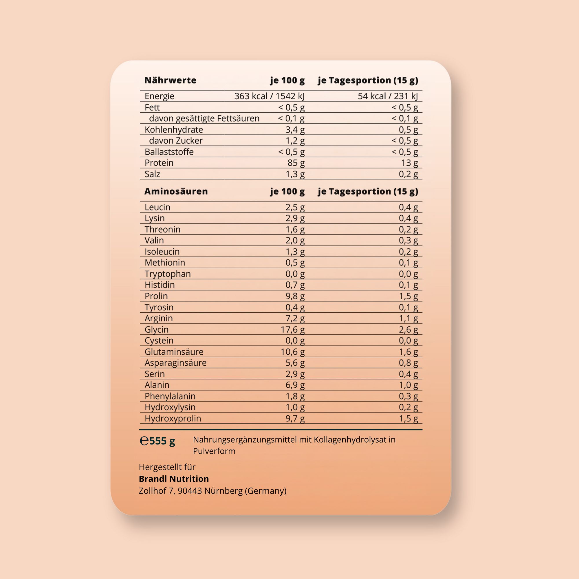 Rückseite einer Dose Kollagenpulver mit Nährwertangaben und Aminosäureprofil.