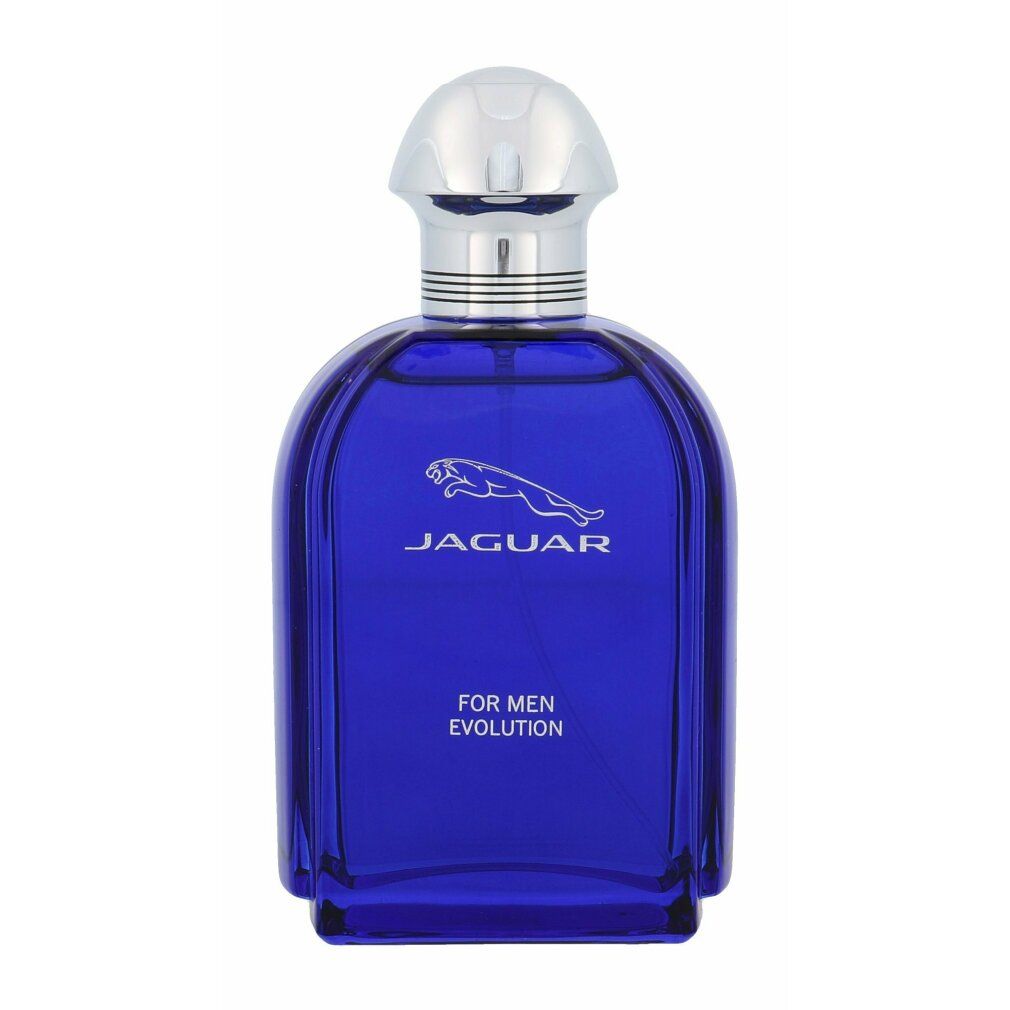 Blaues Parfümflakon mit silbernem Verschluss. Aufschrift: Jaguar, For Men Evolution. Logo: springender Jaguar.