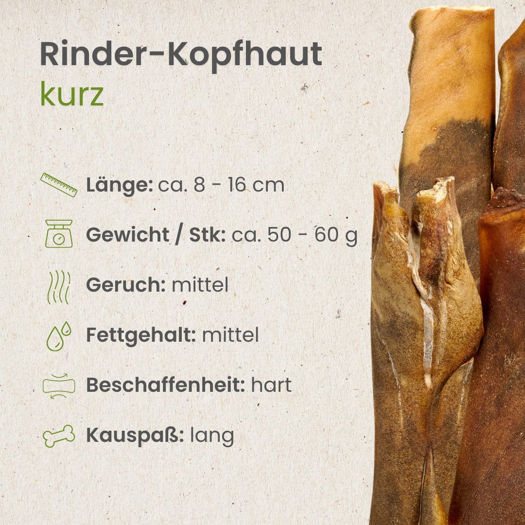 Drei getrocknete Rinderkopfhautstücke auf weißem Hintergrund.