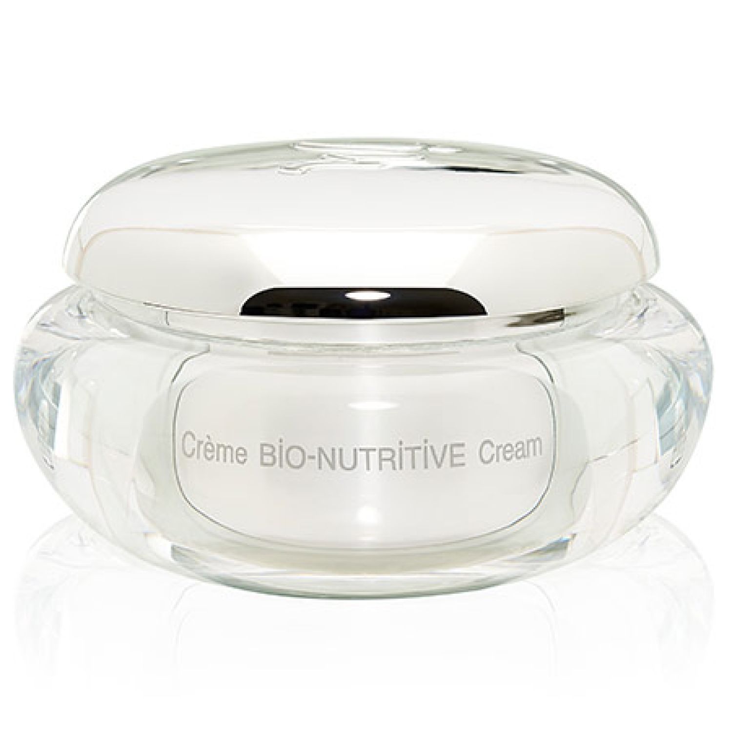 Glasbehälter mit silbernem Deckel. Aufschrift: Crème BIO-NUTRITIVE Cream. Transparente Creme in einem runden Glas.