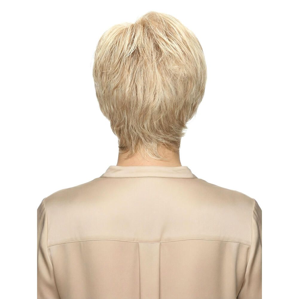 Kurzhaarperücke, blond, Rückansicht. Haarschnitt mit gestuftem Nacken.