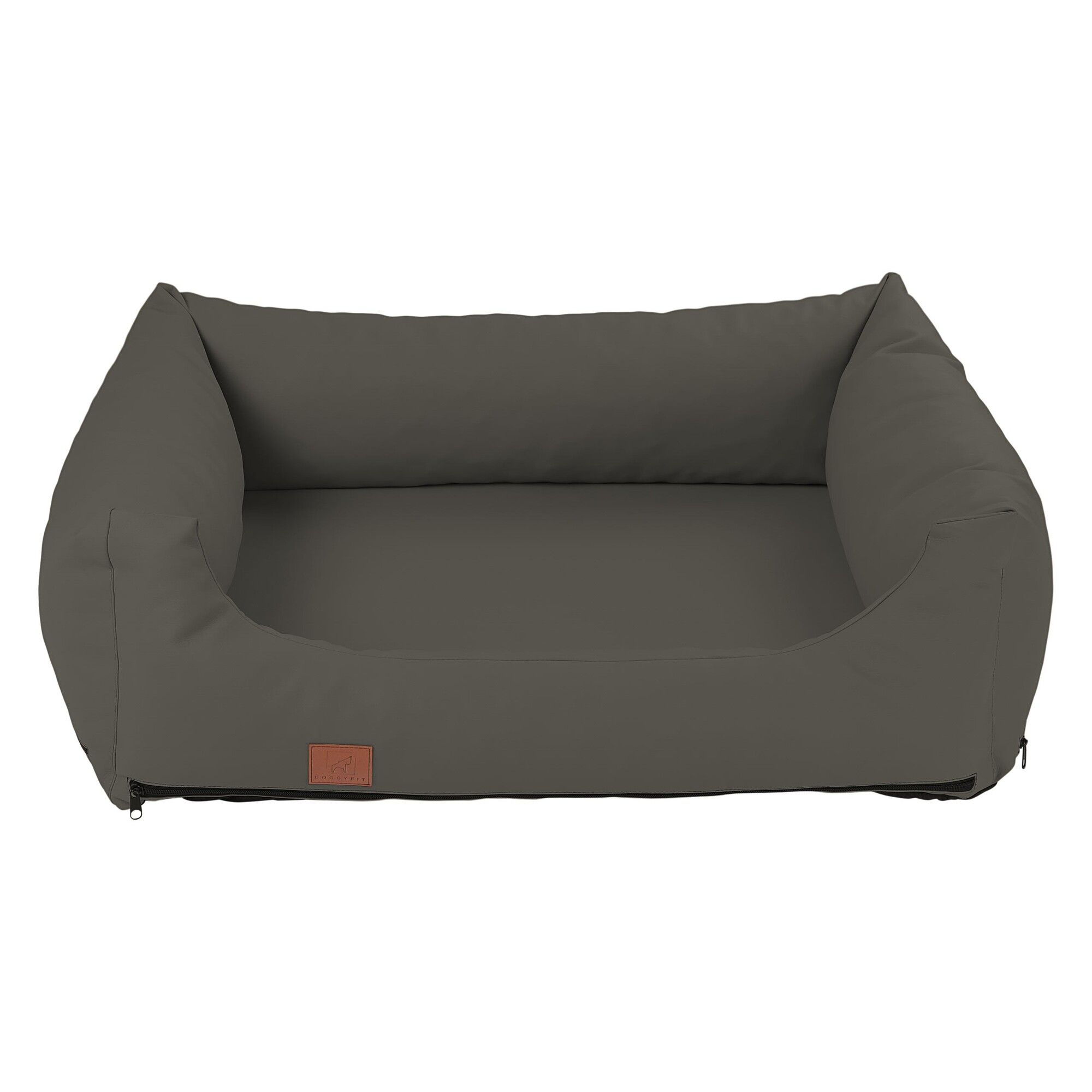Rechteckiges Hundebett, taupefarbenes Kunstleder, mit Reißverschluss. Braunes Label an der Seite.