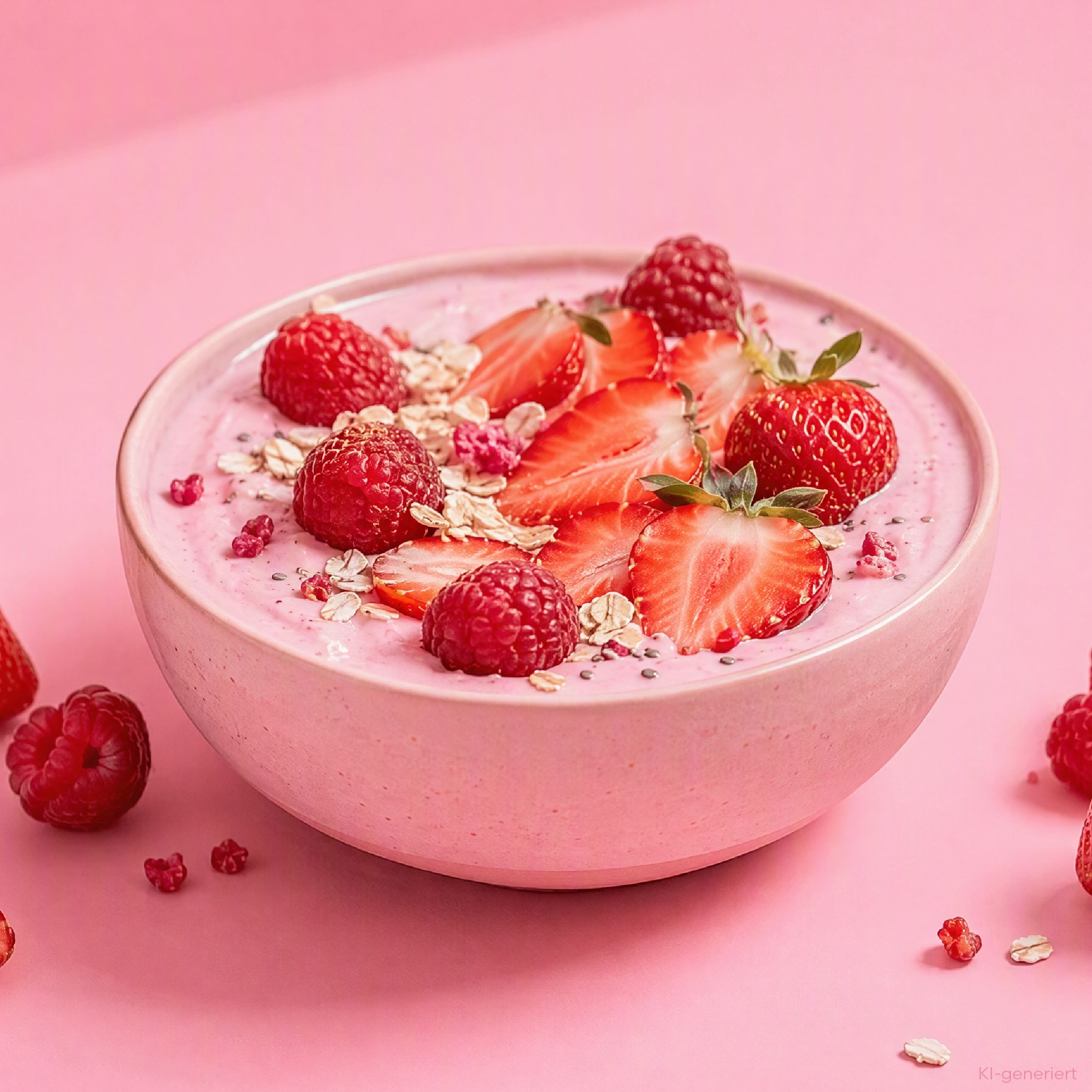 Rosa Schale mit Joghurt, Erdbeeren, Himbeeren und Haferflocken.