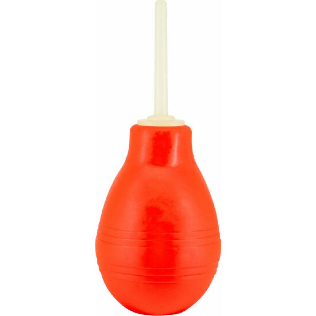 Rote Anal-Douche mit weißer Spitze. Birnenförmiger Körper mit horizontalen Rillen.
