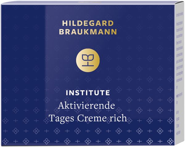 Hildegard Braukmann Creme-Verpackung. Blaue Schachtel mit Logo und Produktbezeichnung: Aktivierende Tages Creme rich.