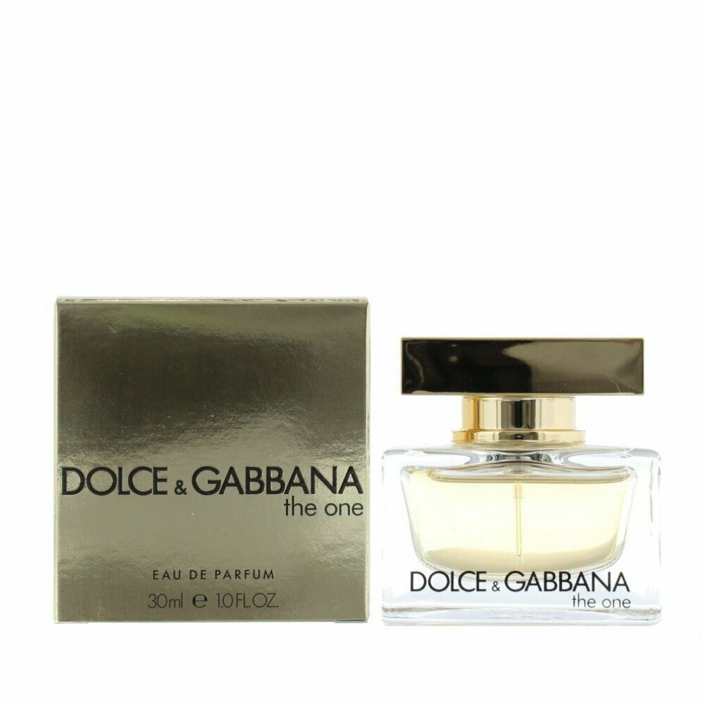 Glasflakon mit goldfarbenem Verschluss und goldfarbener Schachtel. Aufschrift Dolce & Gabbana The One Eau de Parfum. 30 ml.