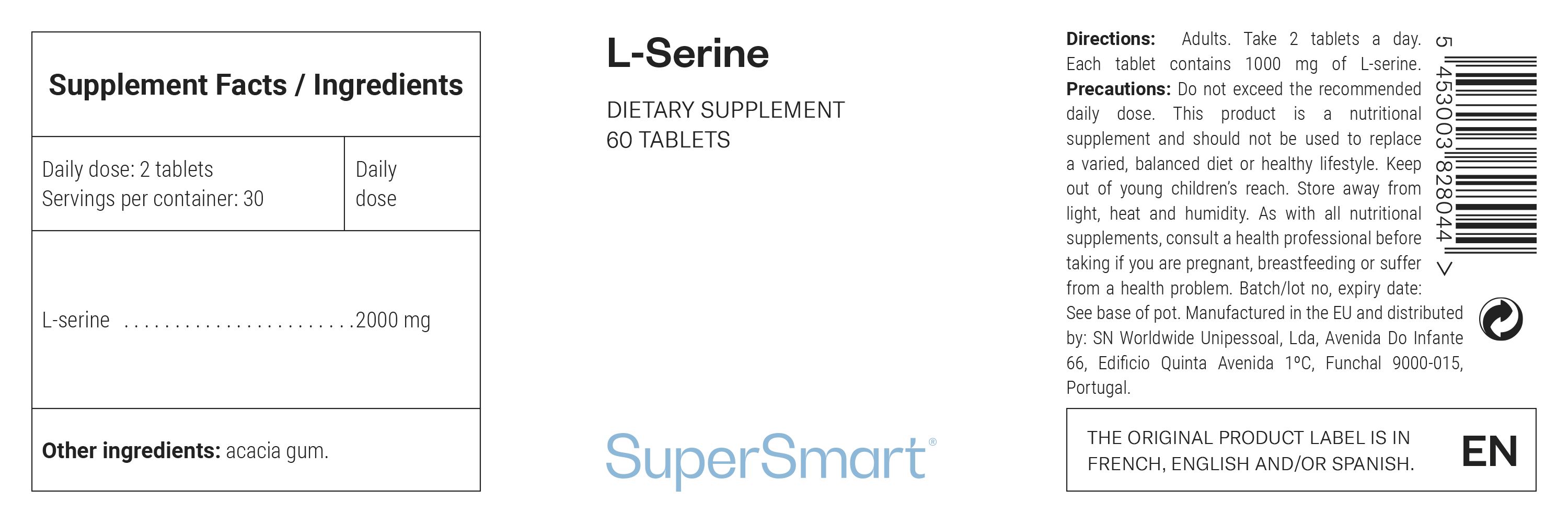 Etikett mit Informationen zu L-Serin-Tabletten. Enthält Nährwertangaben, Inhaltsstoffe und Anwendungshinweise. Marke: SuperSmart.