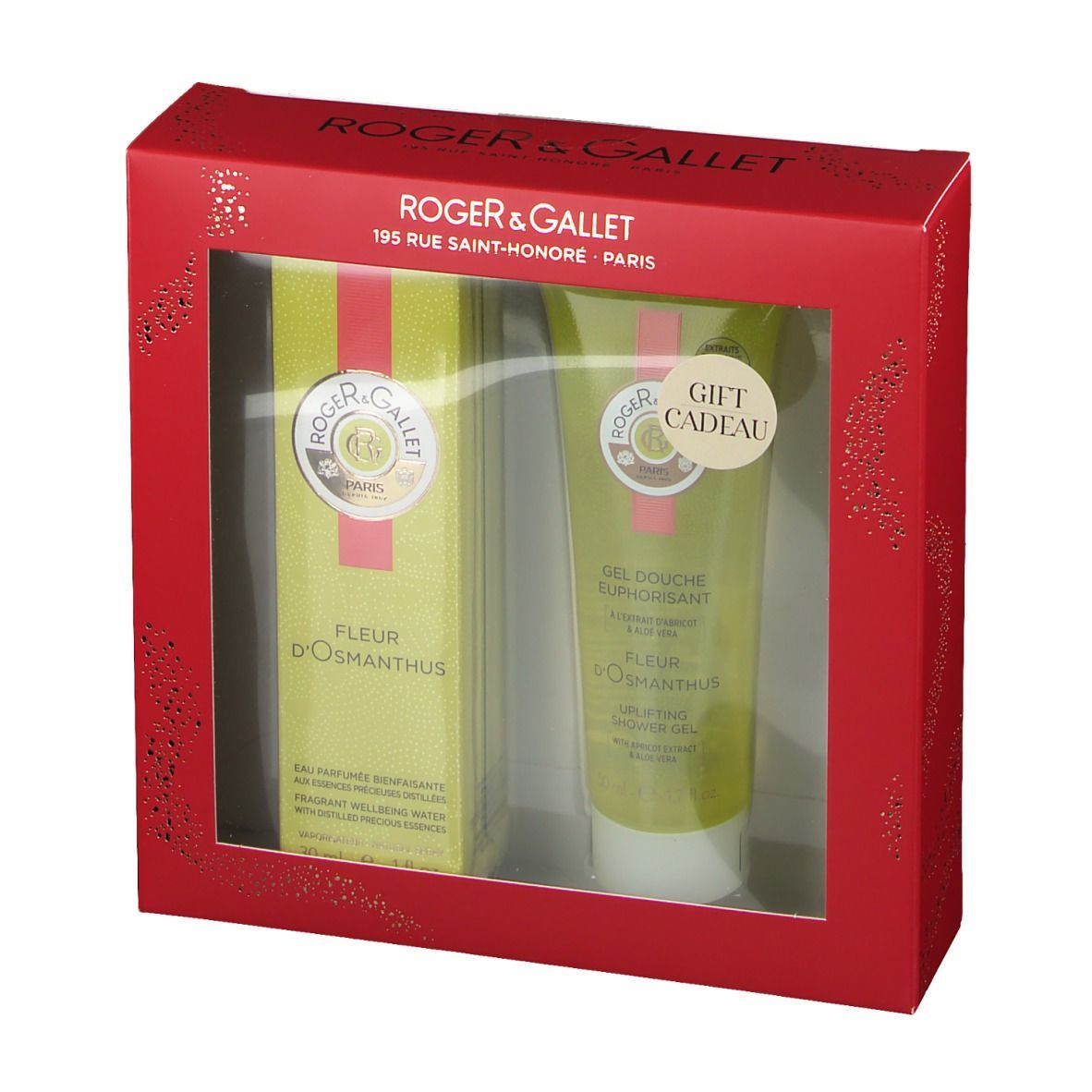 Geschenkset mit roter Verpackung. Enthält eine Flasche und eine Tube mit Produktnamen und Logo. Mit Sichtfenster.