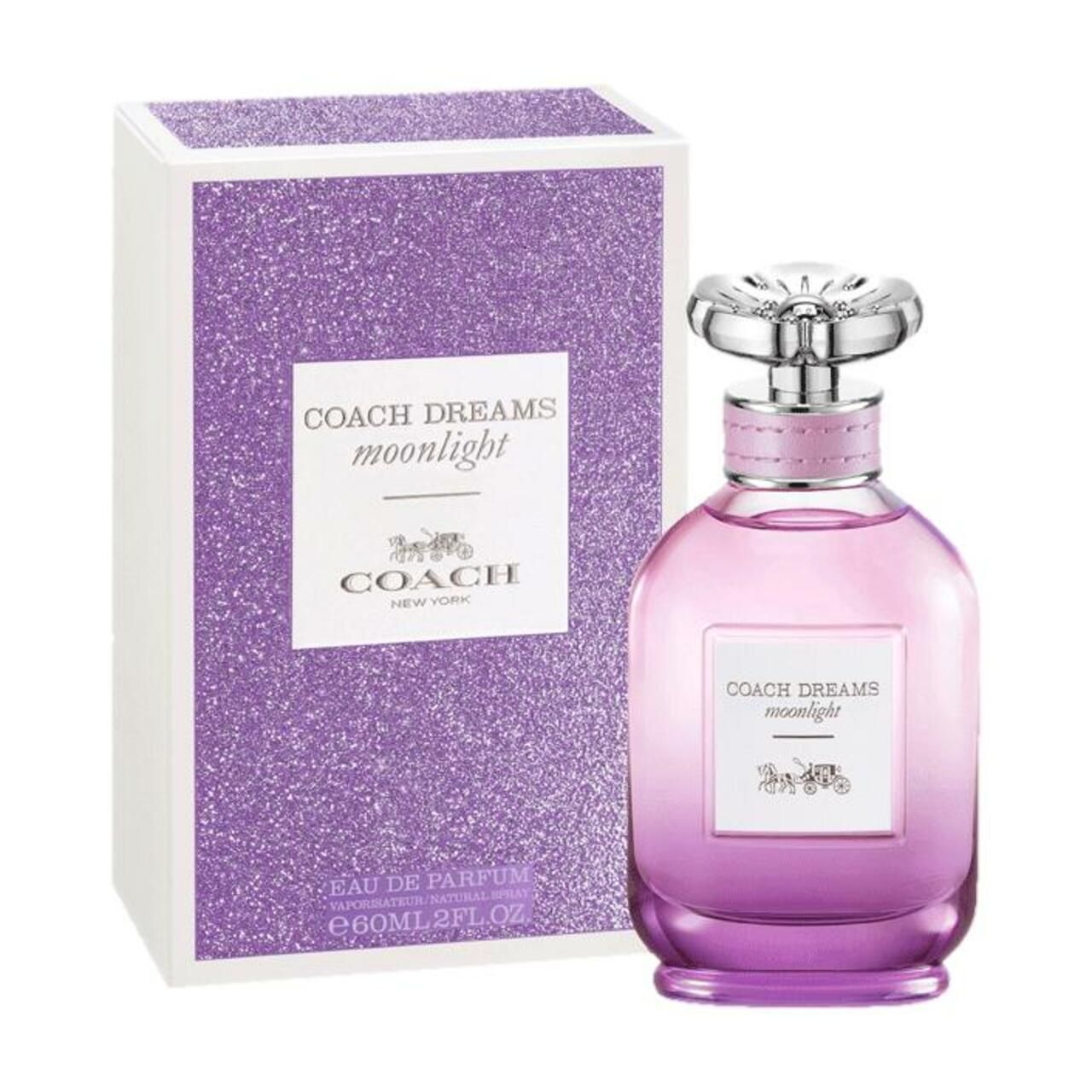 Coach Dreams Moonlight Eau De Parfum Spray und Verpackung. Flakon mit rosa-lila Farbverlauf. Verpackung: glitzerndes lila Muster. Aufschrift: COACH DREAMS moonlight.