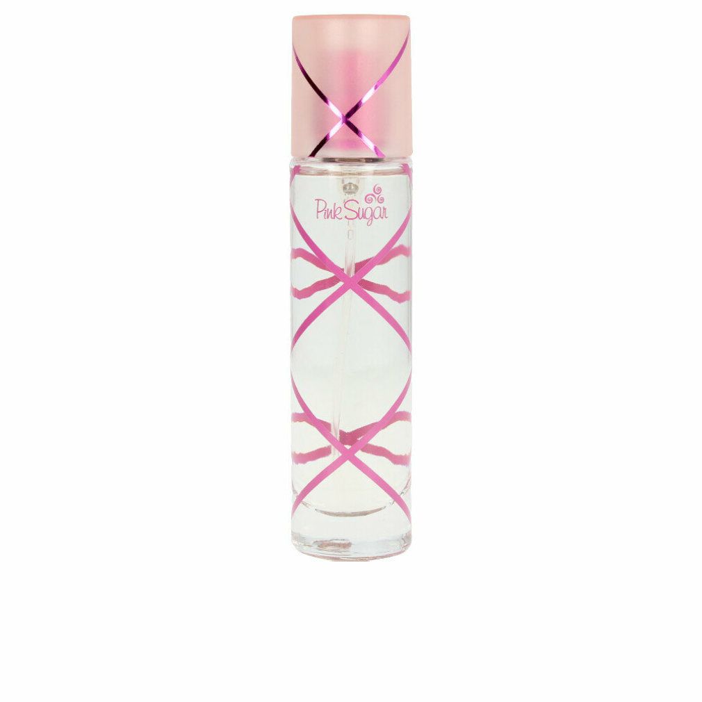 Aquolina Pink Sugar Eau de Toilette Spray. Transparente Flasche mit rosa Verzierungen und Deckel.