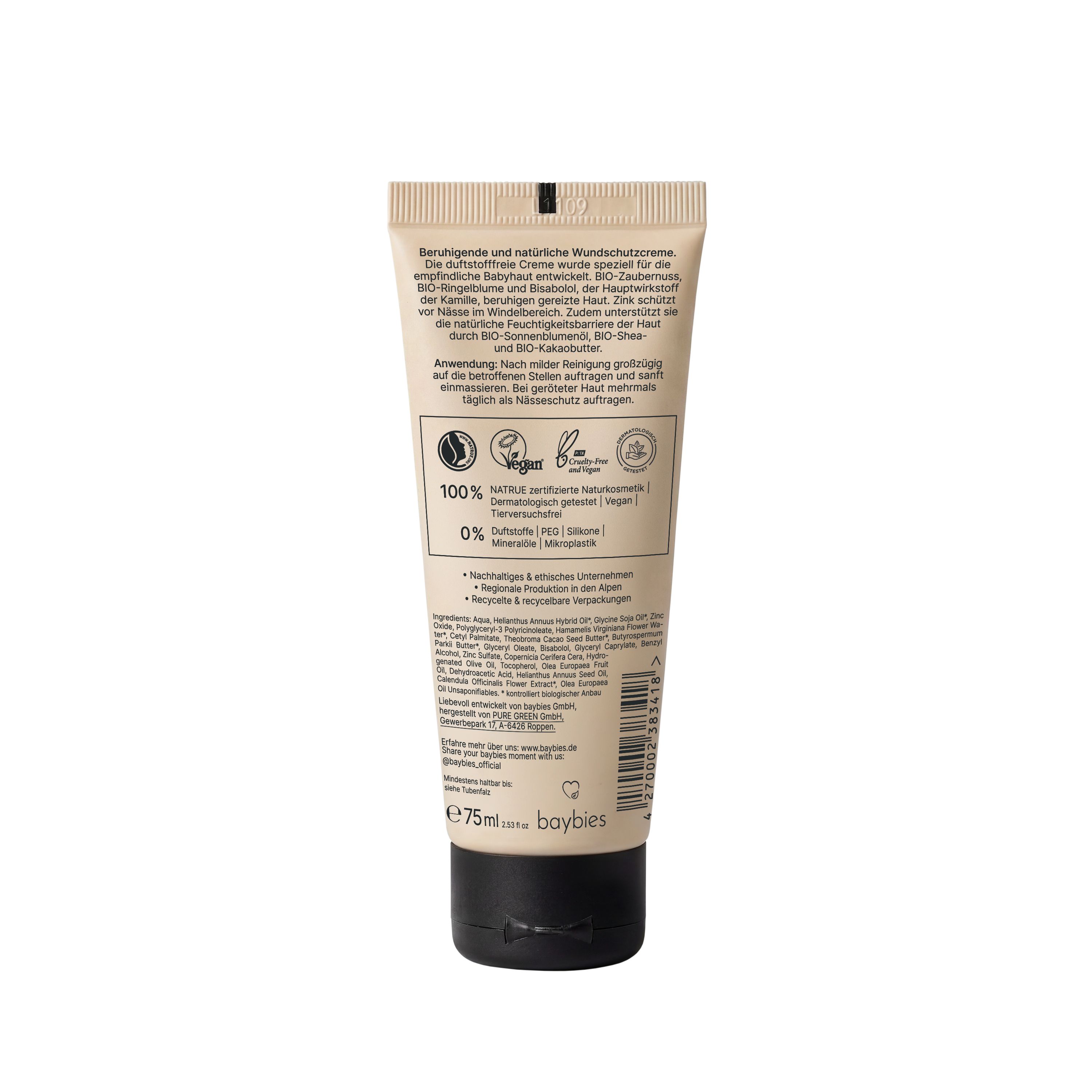 Rückseite einer beige Tube mit Produktinformationen und Siegeln.