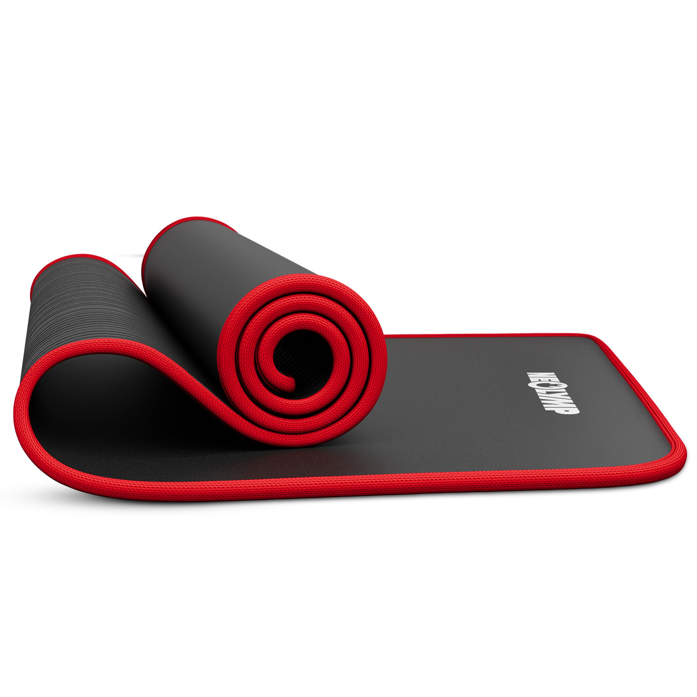 Gerollte Fitnessmatte, schwarz mit roter Umrandung. Marke NEOLYMP sichtbar. Teilweise ausgerollt.