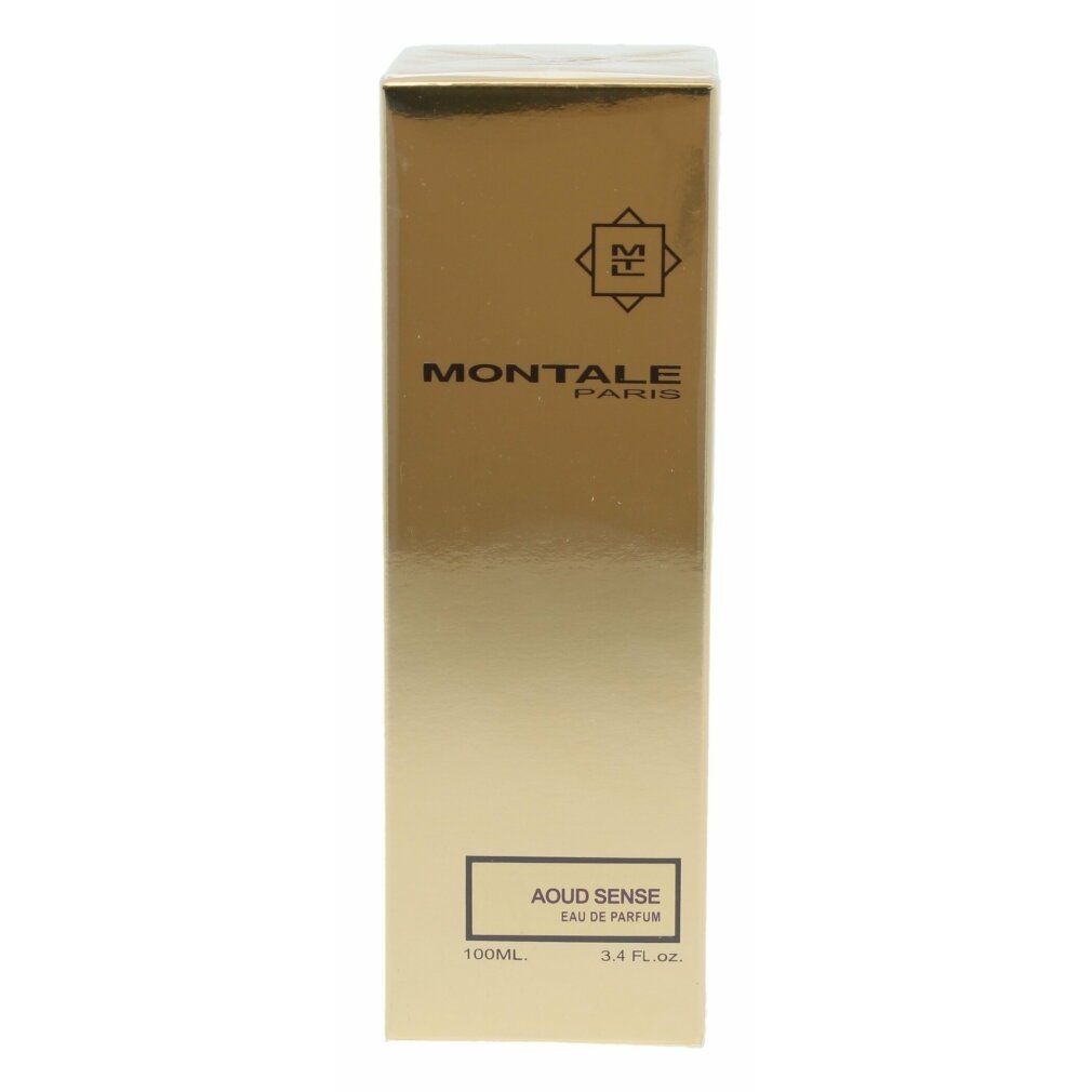 Goldfarbene rechteckige Verpackung. Oben Logo und Schriftzug Montale Paris. Unten Aoud Sense Eau de Parfum.