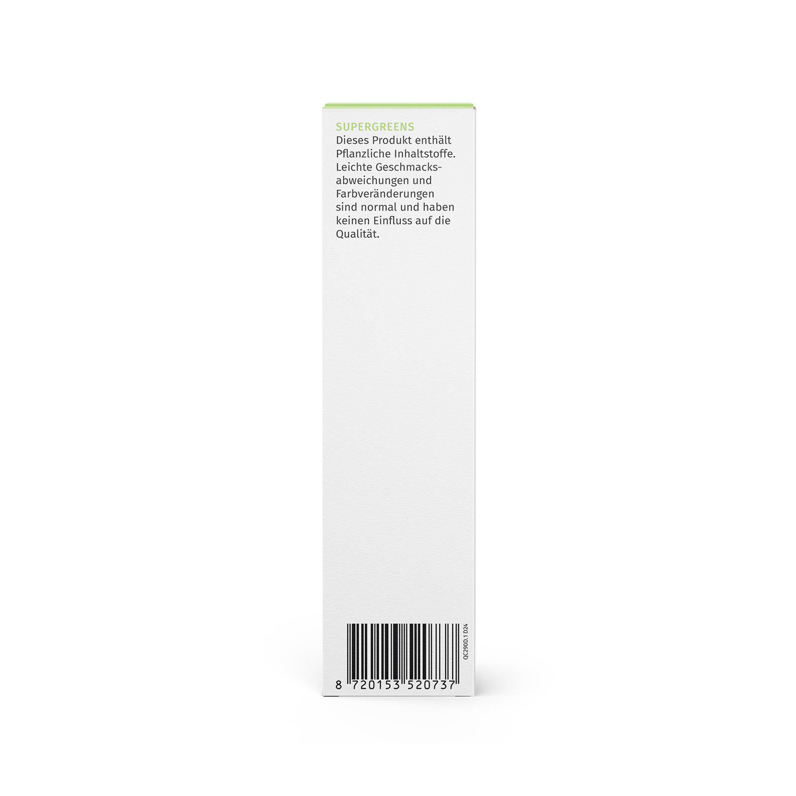 Seite der Super Greens Verpackung. Text: Pflanzliche Inhaltsstoffe. Barcode. Marke: NutraLinea.