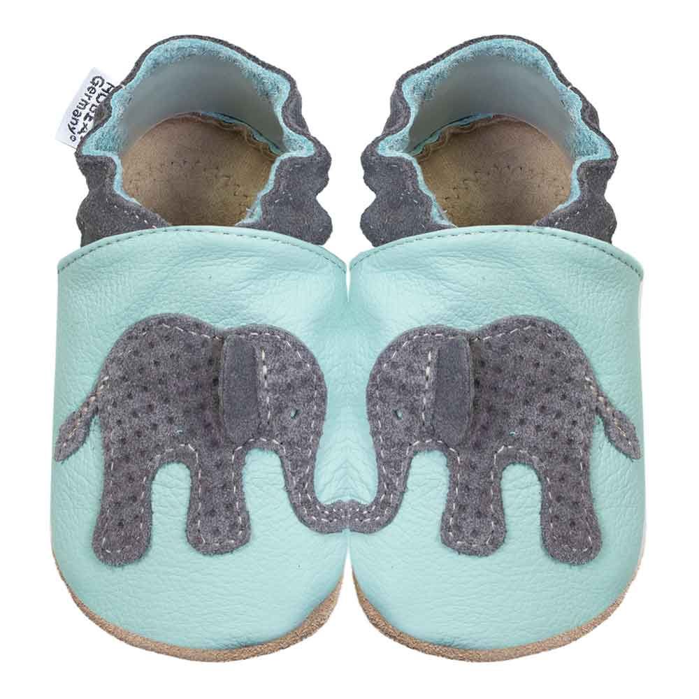 Hellblaue Babyschuhe mit Elefanten-Applikation. Graue Details, Marke HOBEA-Germany. Weiches Leder, Sohle beige.
